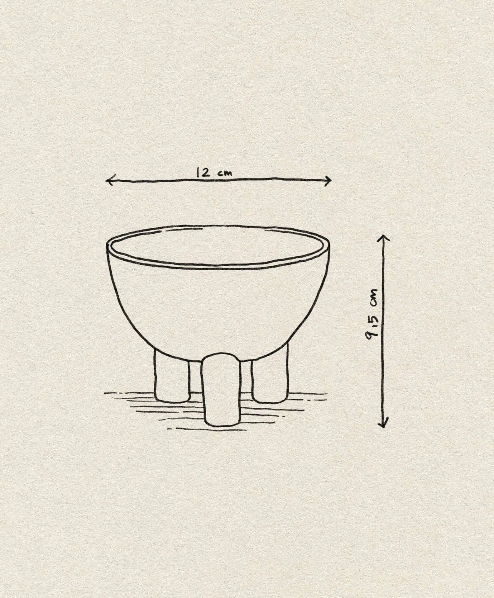 Line drawing of a 101 Copenhagen Duck Bowl, Mini by 101 Copenhagen—a round bowl on three short legs with arrows showing its dimensions: 12 cm wide and 9.5 cm tall, centered on a plain textured background, ideal for modern home decor.