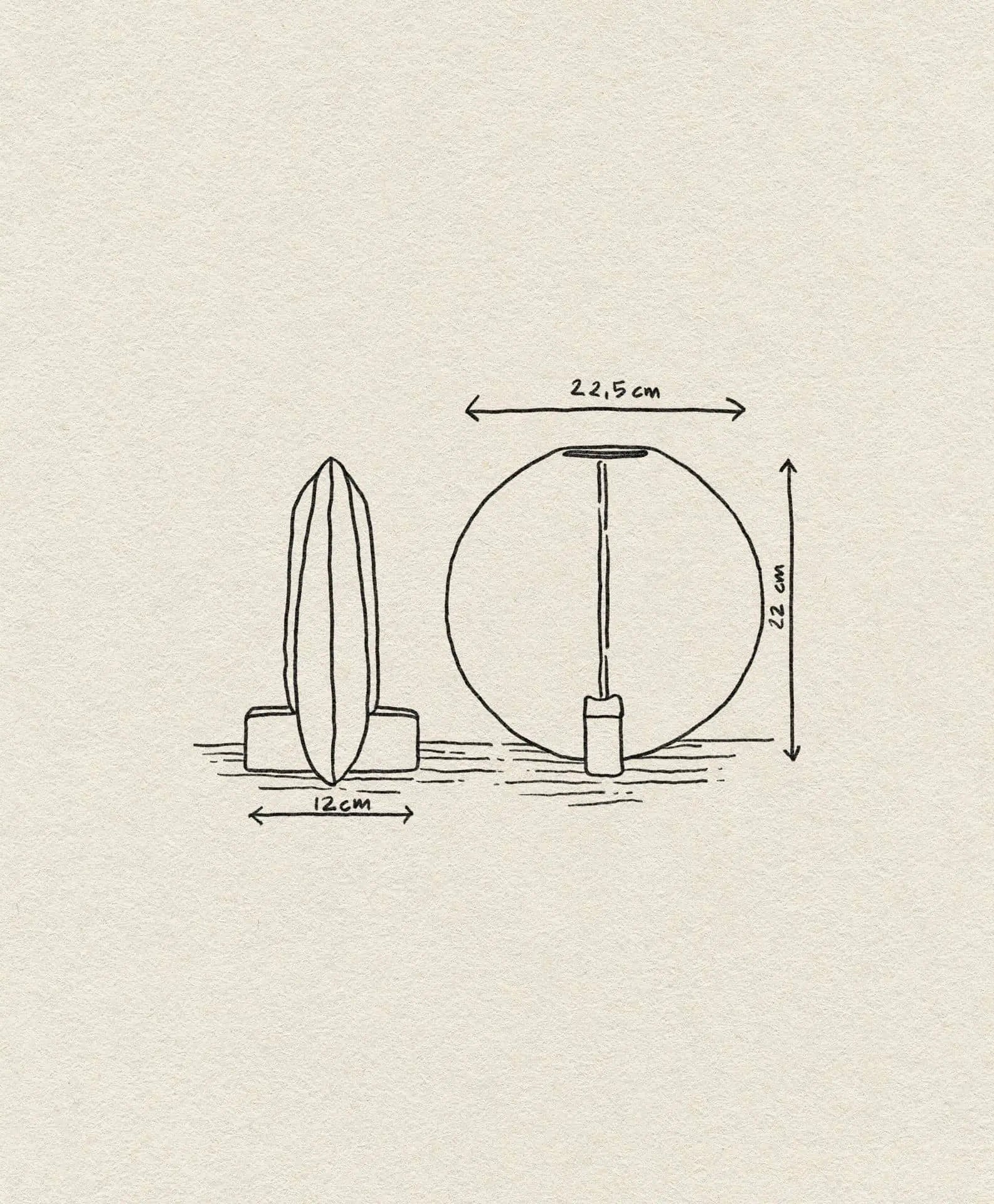 Line drawing of the 101 Copenhagen Guggenheim Vase, Petit, a round hand-glazed vase by 101 Copenhagen. Shown from front and side views with labeled dimensions: 12 cm wide (side), 22.5 cm wide (front), and 22 cm tall.