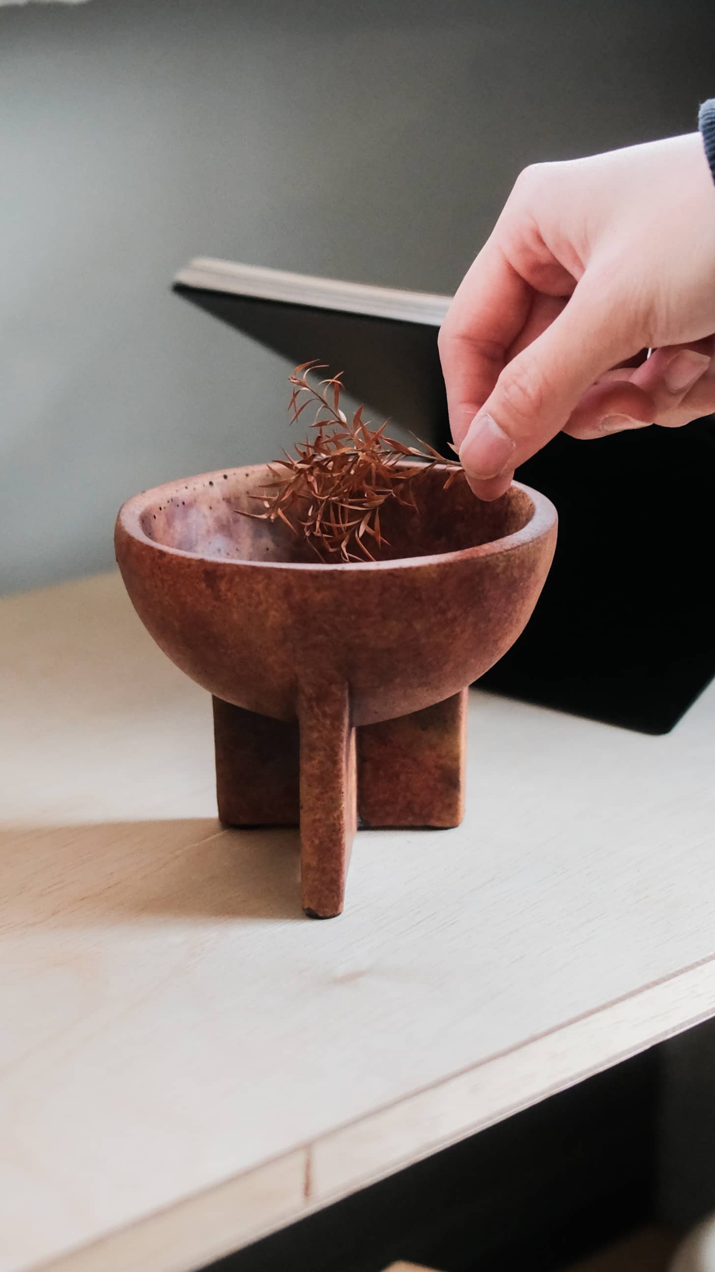 A hand places a small dried twig into the 101 Copenhagen Osaka Bowl, Mini by 101 Copenhagen on a light surface, with a blurred black object in the background.