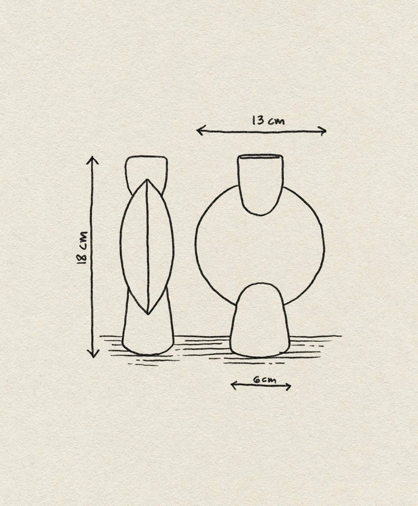 Line drawing of the 101 Copenhagen Sphere Vase Bubl, Mini, shown from side and front with arrows and labels highlighting its 18 cm height, 13 cm width at widest point, and 6 cm wide base—a stylish addition to your home décor by 101 Copenhagen.