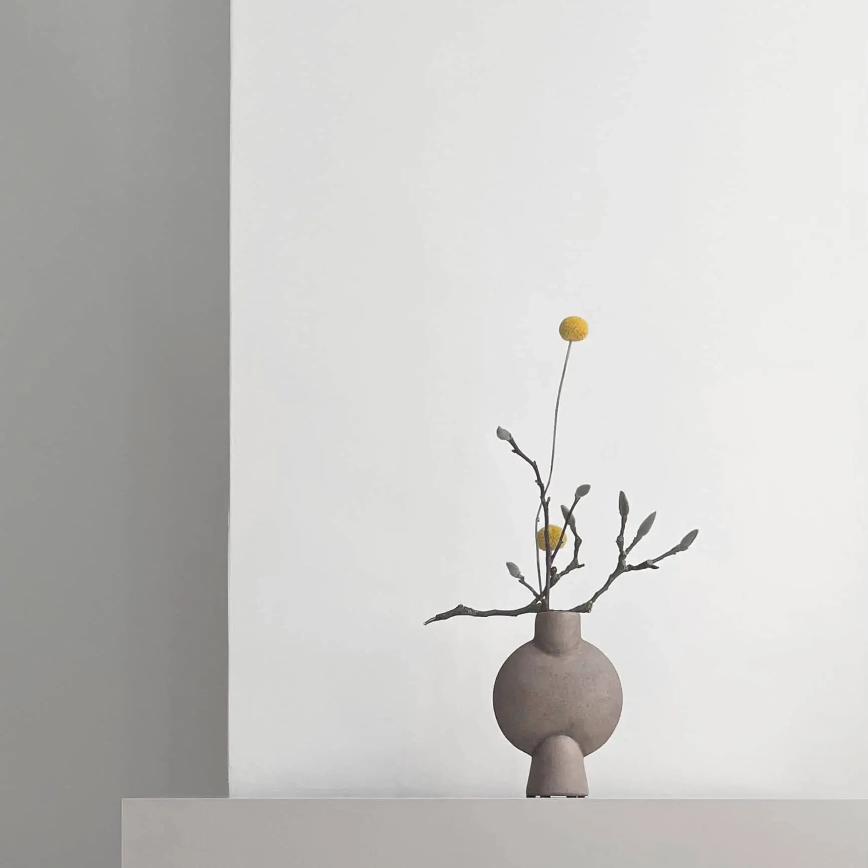 The 101 Copenhagen Sphere Vase Bubl, Mini by 101 Copenhagen features a minimalist geometric design with dry branches and yellow billy balls, displayed on a light surface against a white background—ideal for modern home décor.