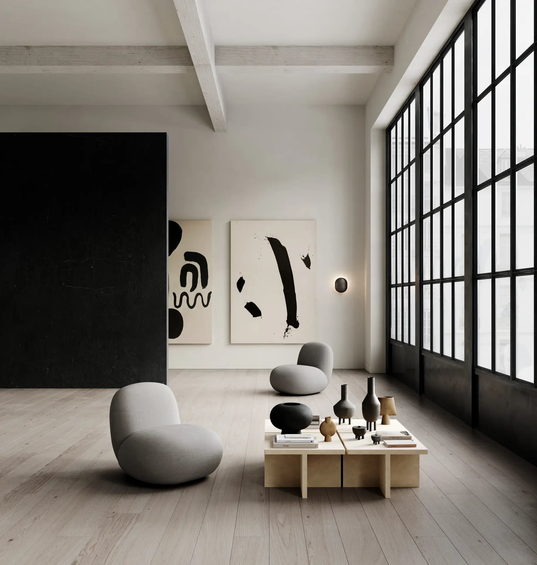 Minimalist living room with light wood floors, modern gray lounge chairs, a low wooden coffee table adorned with the 101 Copenhagen Sphere Vase Square, Mini, abstract black-and-white artwork on the wall, and floor-to-ceiling industrial windows.
