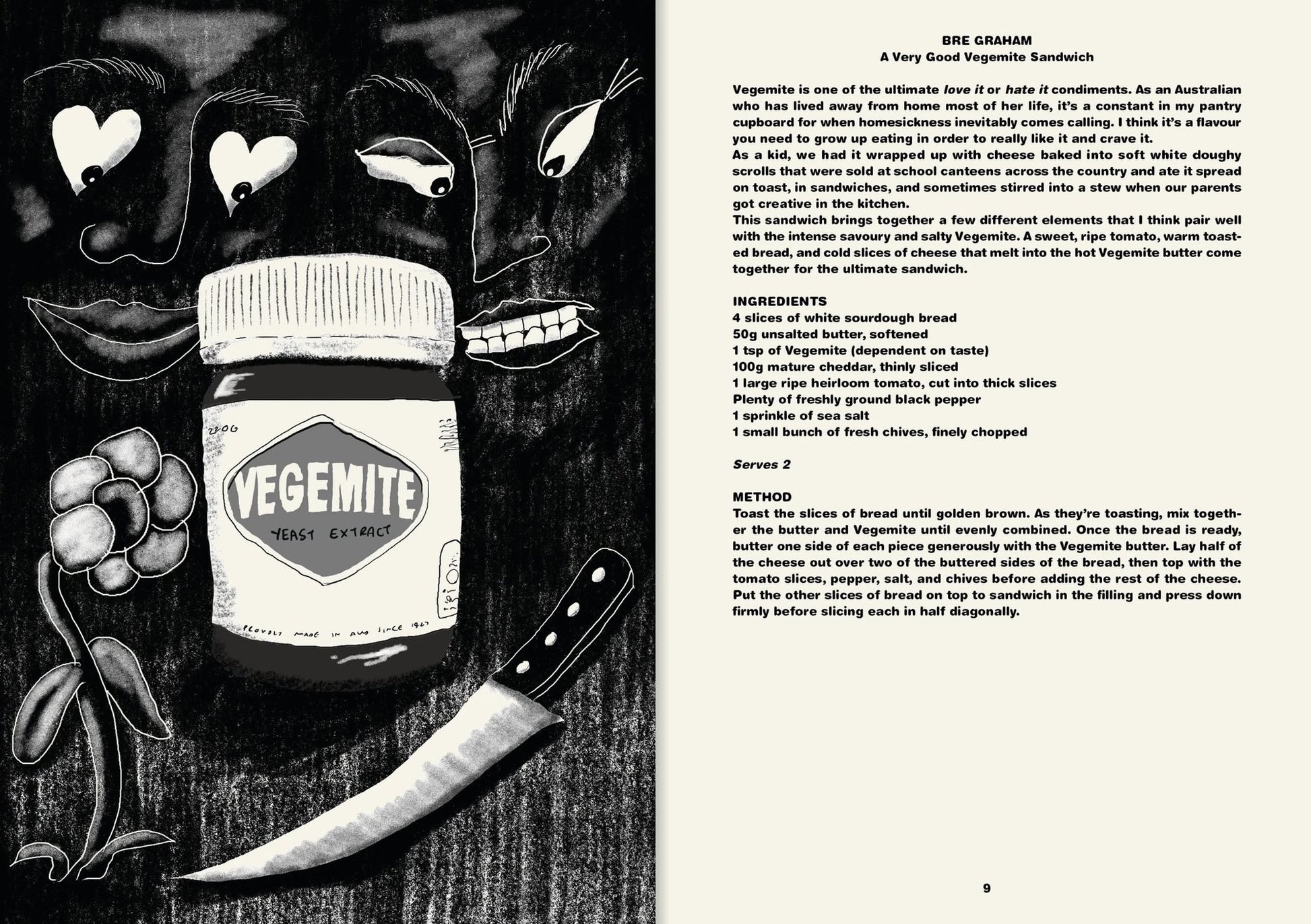 A black-and-white illustration shows a jar of Vegemite, a knife, faces, and a plant on a dark background. Beside it, a recipe appears for A Very Good Vegemite Sandwich in Apartamento Cookbook #9: Sandwiches! from Apartamento.