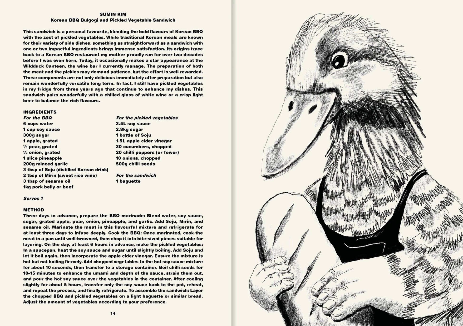 A page from Apartamento Cookbook #9: Sandwiches! by Apartamento shows a Korean BBQ bulgogi sandwich recipe on the left and, on the right, a black-and-white drawing of a duck with human arms and legs sitting cross-legged.