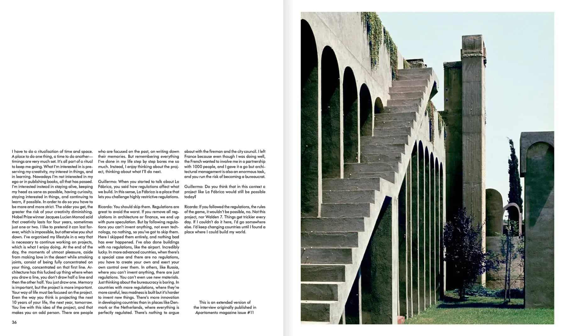 A two-page spread from Apartamento La Fábrica, Ricardo Bofill by Apartamento shows black text on a white left page, and a photograph of concrete stairs and arches at Bofill’s iconic industrial reuse project on the right.