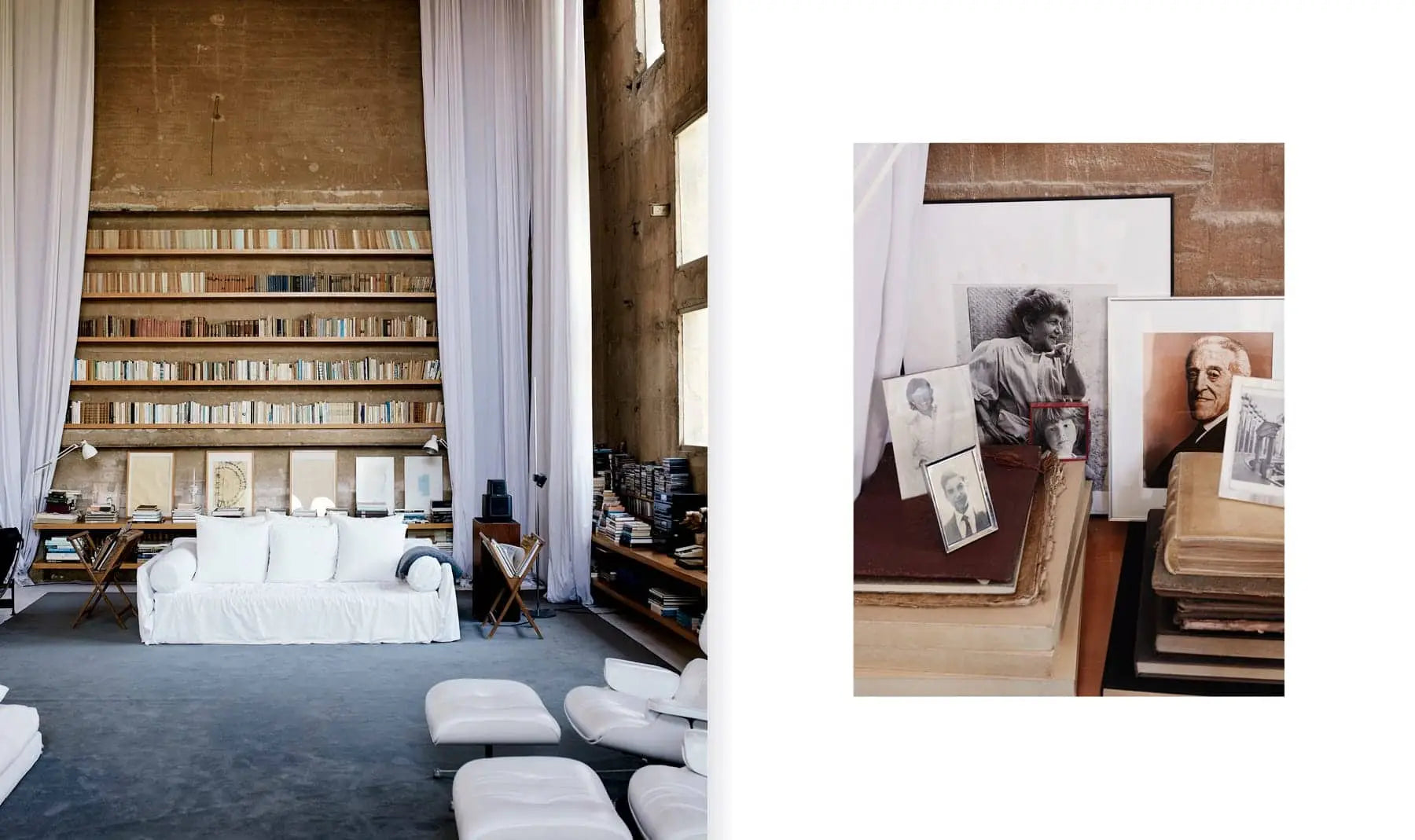 A spacious living room inspired by Apartamento La Fábrica, Ricardo Bofill (Apartamento), with high ceilings, tall bookshelves, a white sofa, low white chairs, and black-and-white portrait stacks leaning against the wall.