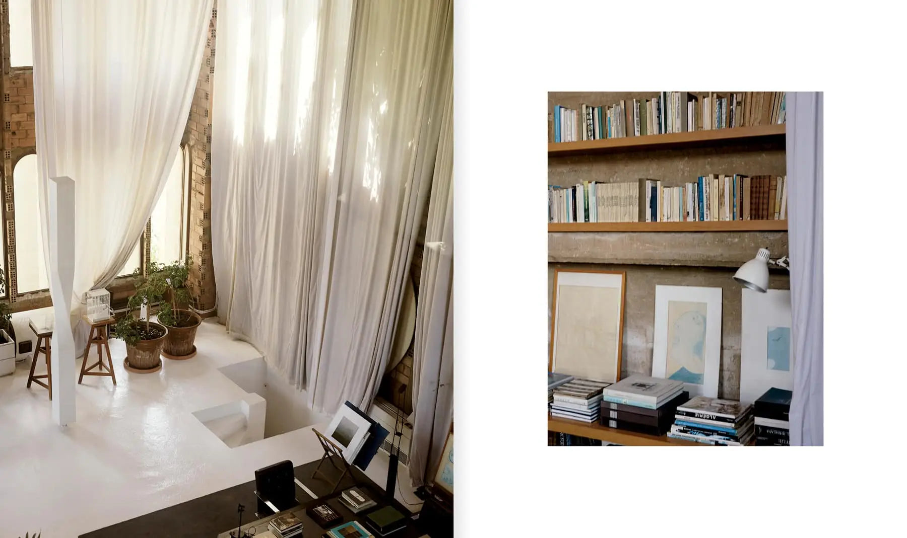 Inspired by Apartamento La Fábrica, Ricardo Bofill for Apartamento: a bright, airy space with sheer curtains and modern white furniture on the left; books and art prints on shelves embellish a textured wall to the right.