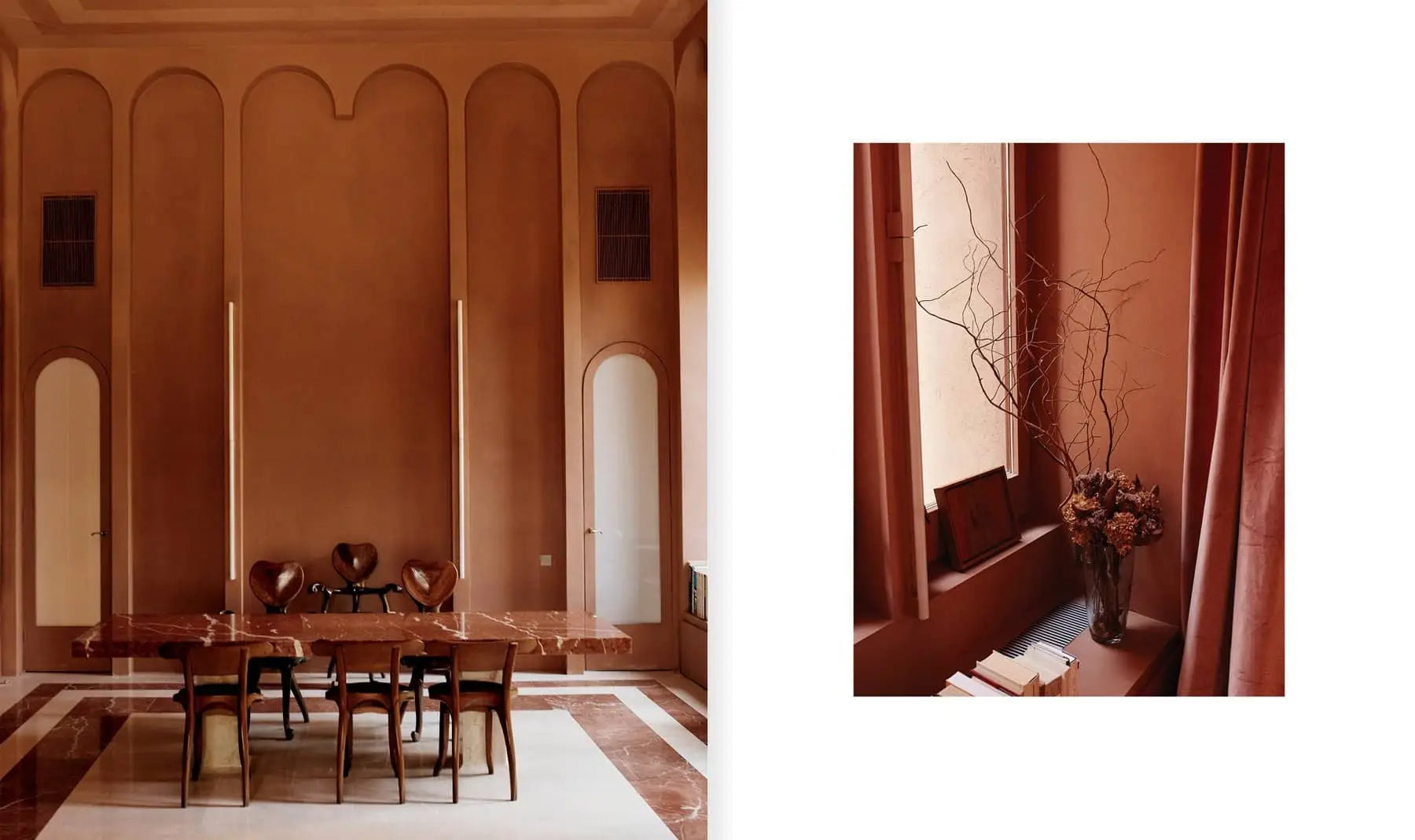 Left: Dining room with terracotta arches, marble table, and wooden chairs inspired by Apartamento La Fábrica by Ricardo Bofill. Right: Vase with branches and dried flowers on a windowsill in warm terracotta light.