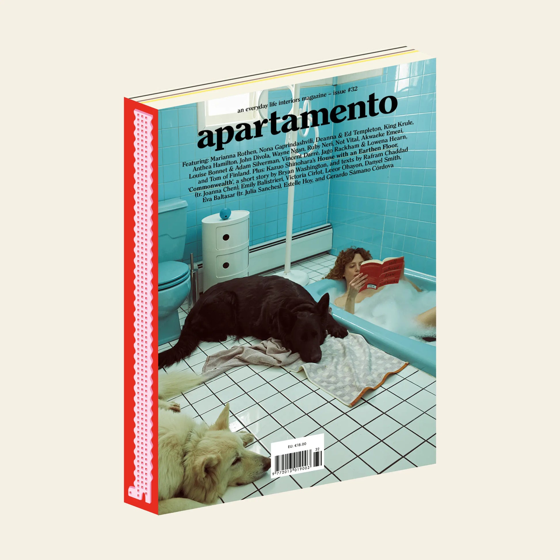 The cover of Apartamento Magazine Issue #32 by Apartamento shows a woman reading in a blue bathtub beside two dogs on white tiles, with the magazine’s title and contributors, including Kazuo Shinohara, printed over the image.