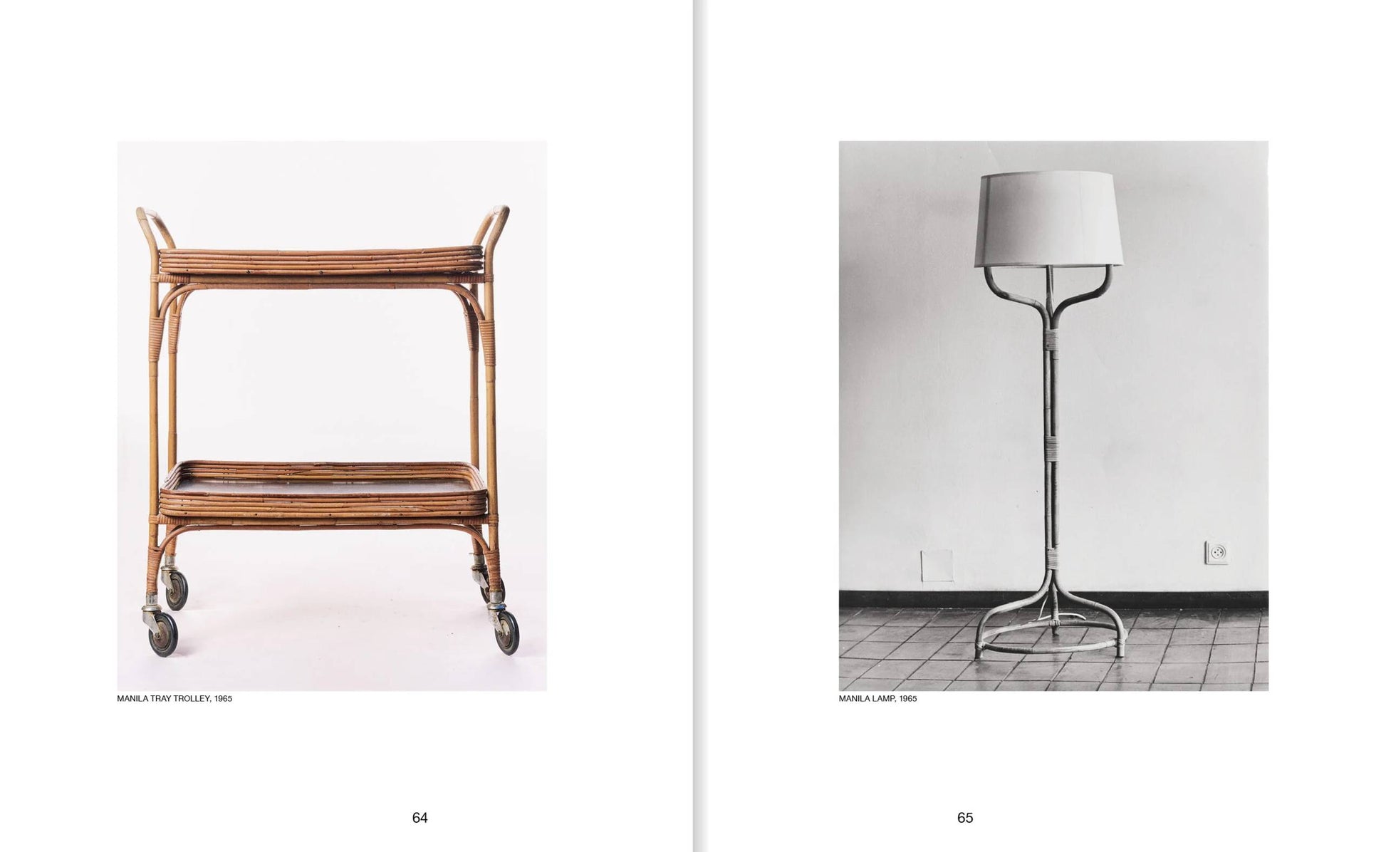 Two-page spread: left page shows a wicker trolley with two shelves and wheels; right page features Apartamento Miguel Milá: A Life in Design by Apartamento, highlighting timeless lighting and furniture from designer Miguel Milá.