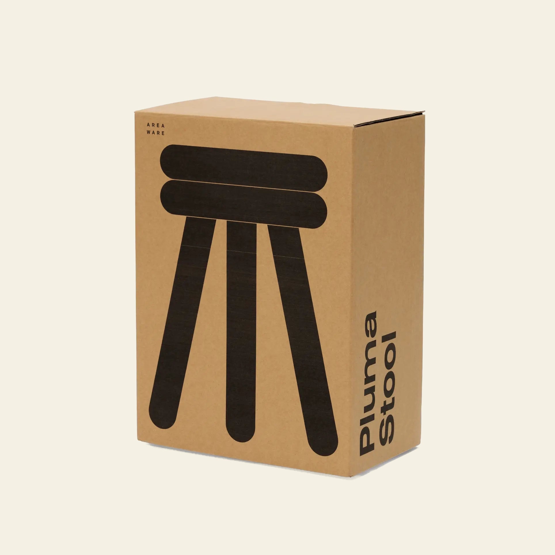 A brown cardboard box labeled Areaware Pluma Stool Tall shows a simple black graphic of the stool and the Areaware brand name in small text at the top left, reflecting contemporary design.