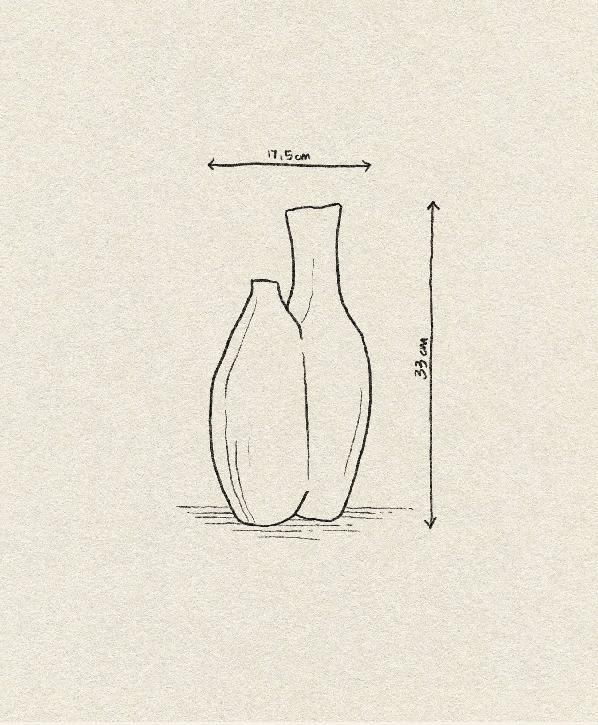 A simple line drawing of the Argot Studio Double Vessel by Argot Studio—two curved vases beside each other. Arrows label its dimensions: 17.5 cm wide and 33 cm tall, set against a textured beige paper background.
