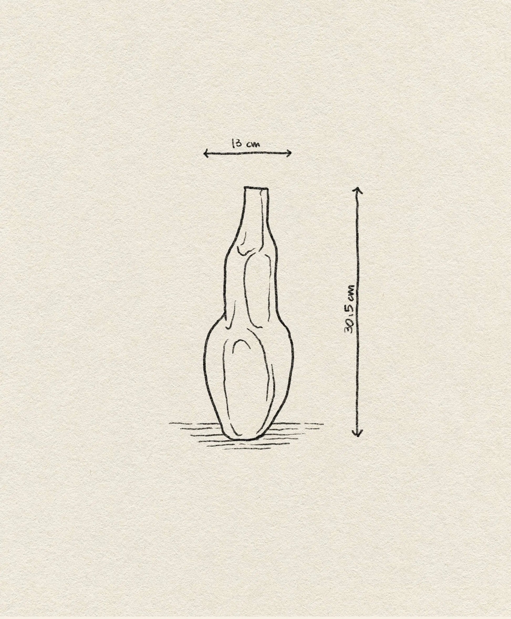 A hand-drawn sketch of the Argot Studio Éson Vessel, Medium by Argot Studio, showing its unique modern shape with measurements: 13 cm wide and 30.5 cm tall, set against a textured beige background.