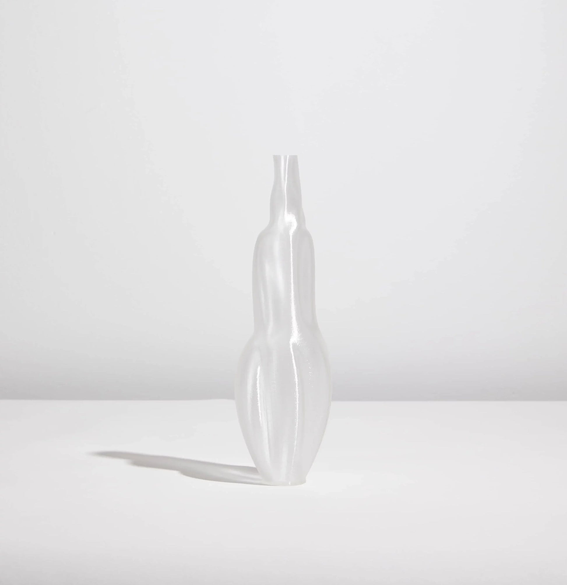The Argot Studio Éson Vessel, Small—a matte, translucent vase with an abstract elongated form—sits on a white surface against a light gray background, casting a soft left shadow and offering a modern take on organic fluid design.