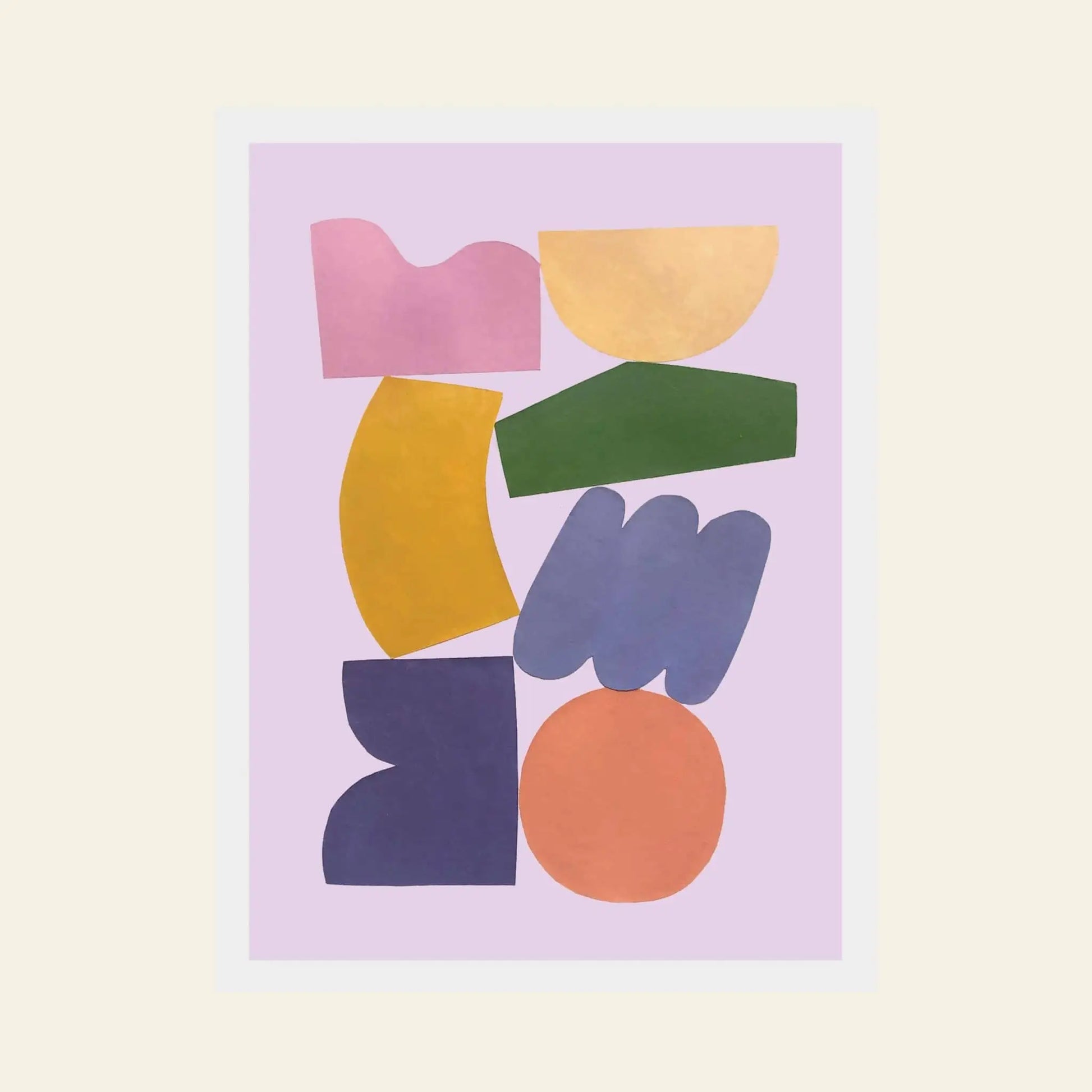 Bbblob Balance, 2020, Giclee Print (30x40) by Bbblob features vibrant geometric shapes arranged vertically on a light purple background with a white border, offering peaceful visual balance reminiscent of paper collage.