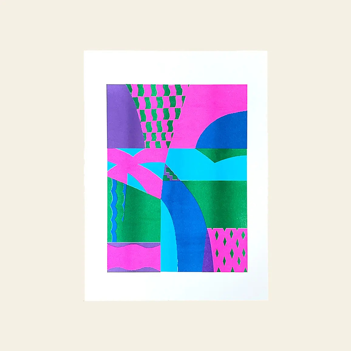 Bbblob Freefall, 2022 (30x42) by Bbblob features abstract geometric shapes in bright pink, blue, green, and purple with patterns and curves reminiscent of Risograph misregistration on a white background.