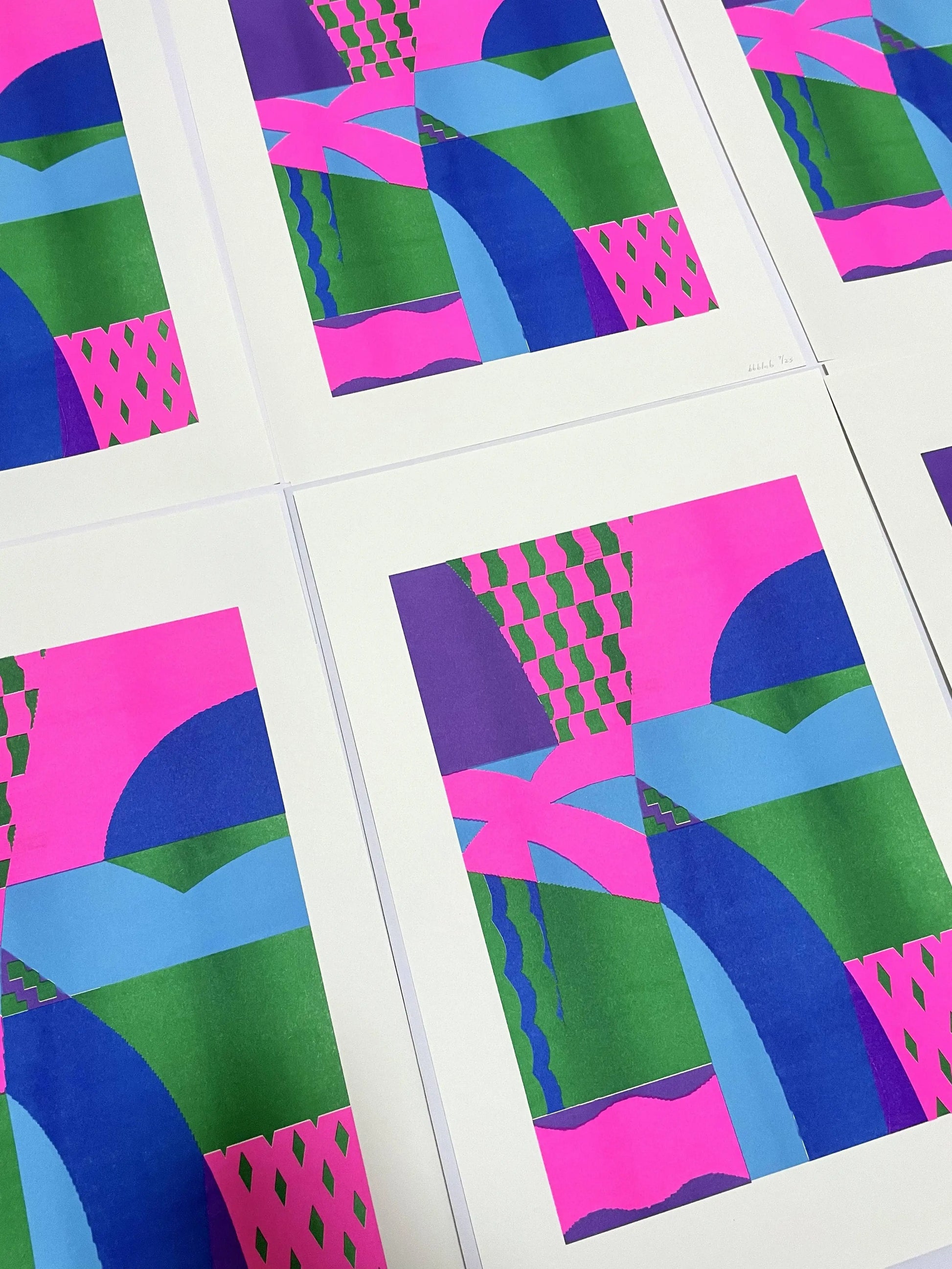 Bbblob Freefall, 2022 (30x42) by Bbblob features colorful geometric shapes in green, blue, pink, and purple. The vibrant Risograph print displays artistic textures and playful misregistration arranged in a modern grid layout.