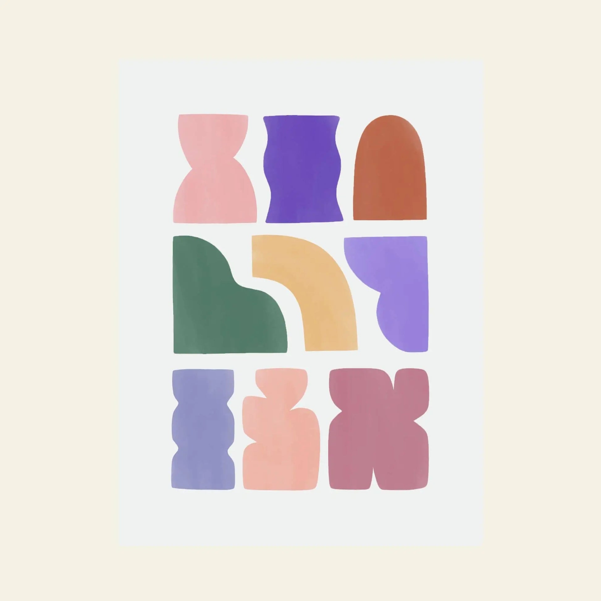 Bbblob Glyphs, 2021 is a giclee print (30x40) by Bbblob, featuring nine colorful geometric and organic shapes in a 3x3 grid on a light background with pink, purple, green, yellow, and red tones for a harmonious minimalist look.