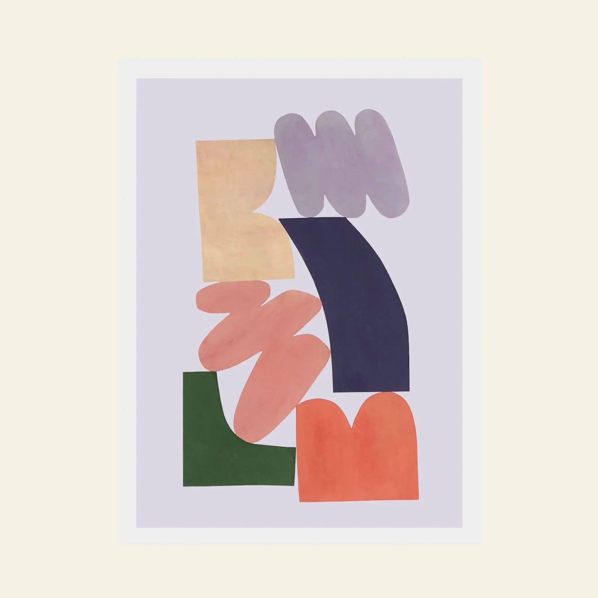 Bbblob’s “Lift You Up, 2020” Giclee Print (30x40) features vertical geometric shapes in beige, purple, navy, green, orange, and pink on a light lavender background with a white border for an uplifting, peaceful vibe.