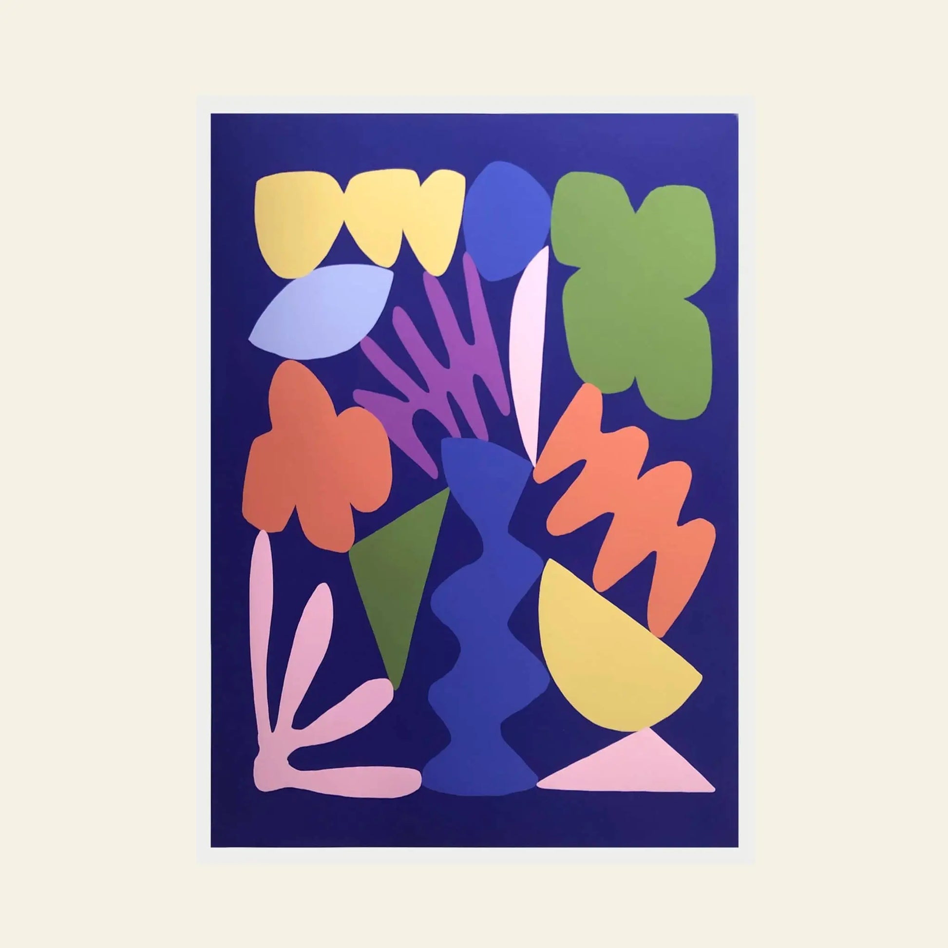 Bbblob Morph, 2020 - Fine Art Print (32x44) by Bbblob showcases colorful, organic shapes in green, orange, yellow, blue, purple, and pink on deep blue with a cream border—playfully capturing the fluidity of evolving emotions.