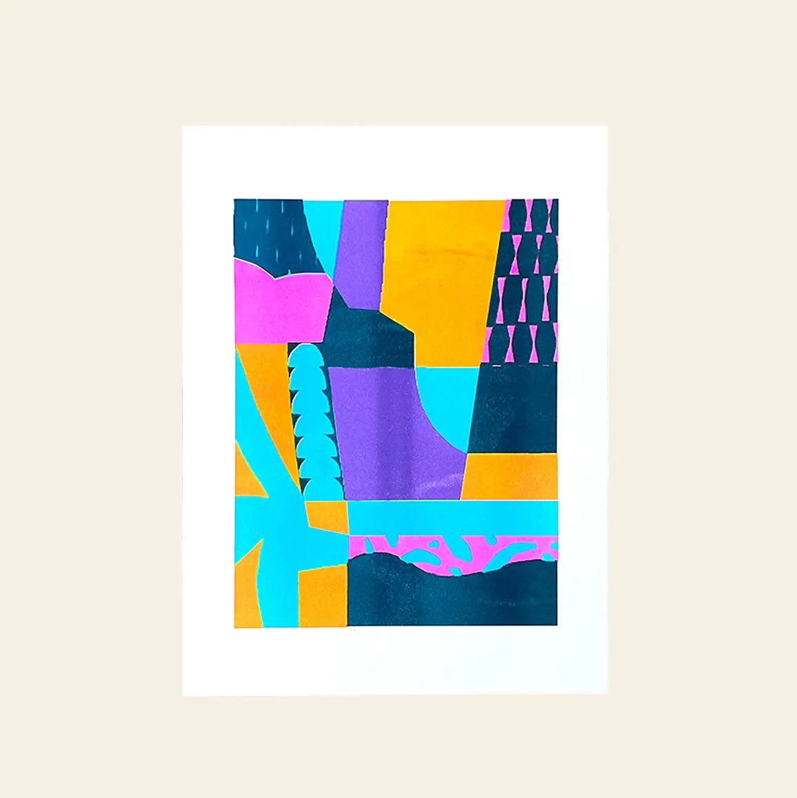 Bbblob Riding The Waves, 2022 (Risograph, 30x42) by Bbblob showcases bold geometric shapes in yellow, teal, blue, purple, and pink with subtle misregistration on light beige and a white-bordered frame.