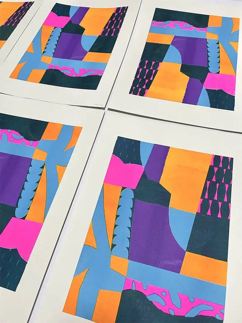 Bbblob Riding The Waves, 2022, Risograph (30x42) by Bbblob features bold geometric shapes in orange, blue, purple, and pink with overlapping rectangles and curves arranged on a flat surface. Subtle misregistration effects enhance the abstract composition.