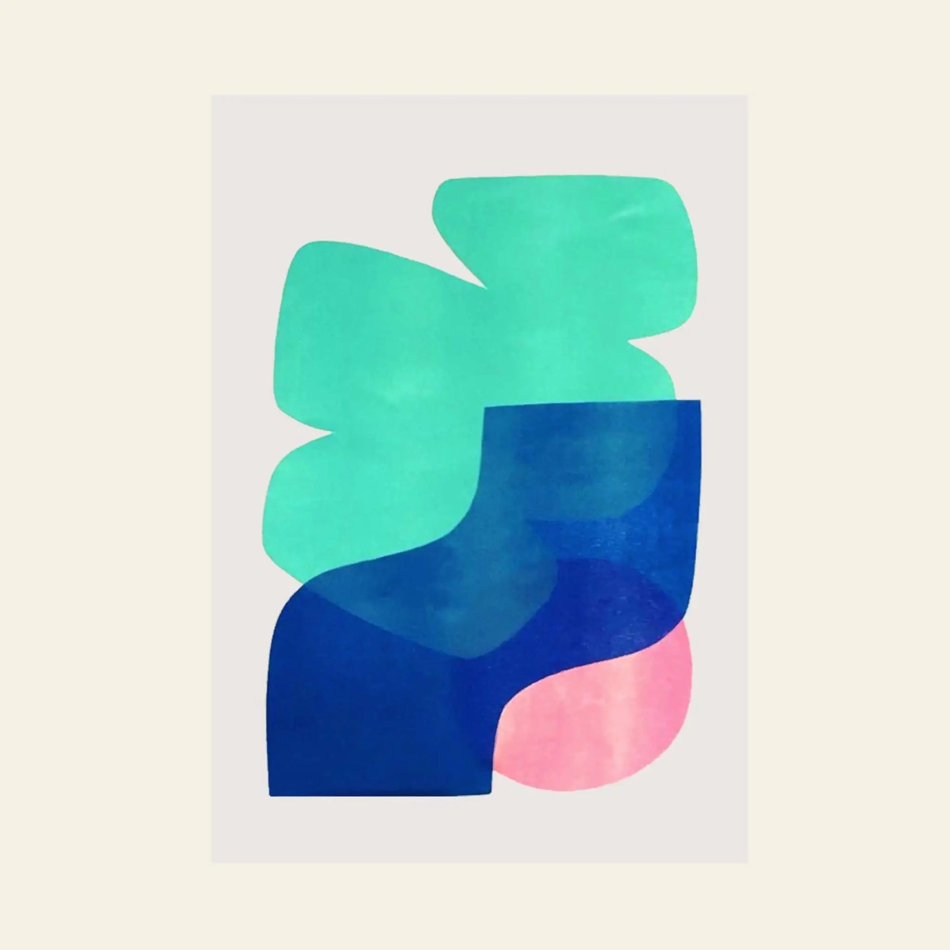 Bbblob Sundown & Horizon, 2020 by Bbblob is a Risograph print (30x42) featuring overlapping organic shapes in teal, navy blue, and pink on a light background, evoking a modern minimalist horizon with soft edges and smooth transitions.
