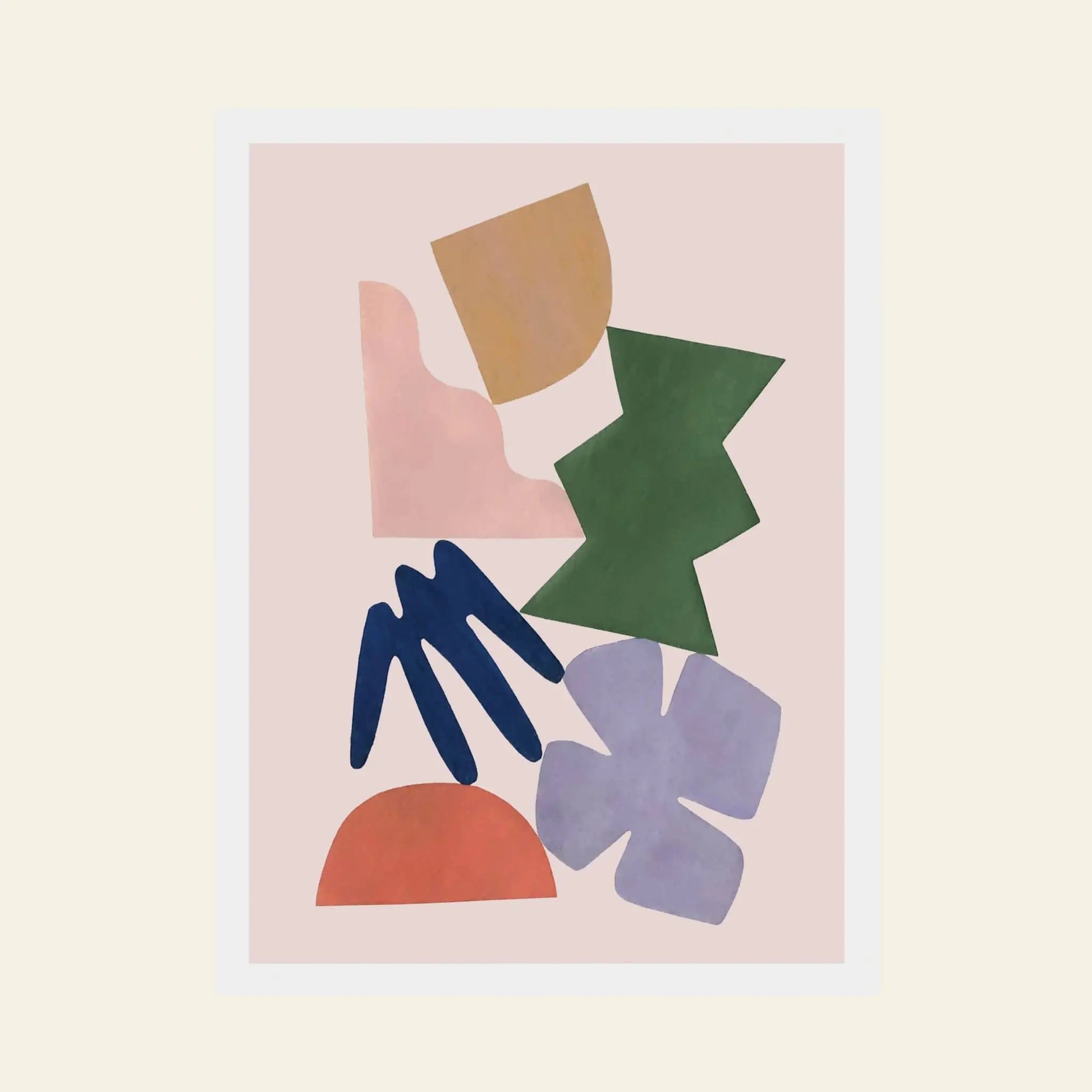 Bbblob Sway, 2020, Giclee Print (30x40) by Bbblob features irregular tan, pink, green, navy blue, red, and lavender shapes swaying softly across a light pink background with a white border—evoking peaceful collage-like art.