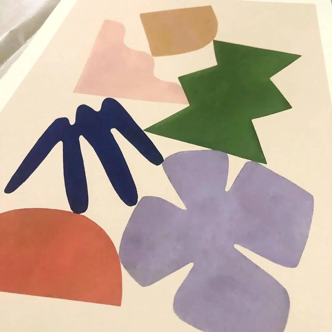 Bbblob Sway, 2020, Giclee Print (30x40) by Bbblob is a minimalist abstract artwork featuring colorful geometric and organic shapes in purple, blue, orange, green, pink, and beige on a light background evoking peaceful collage-like states.