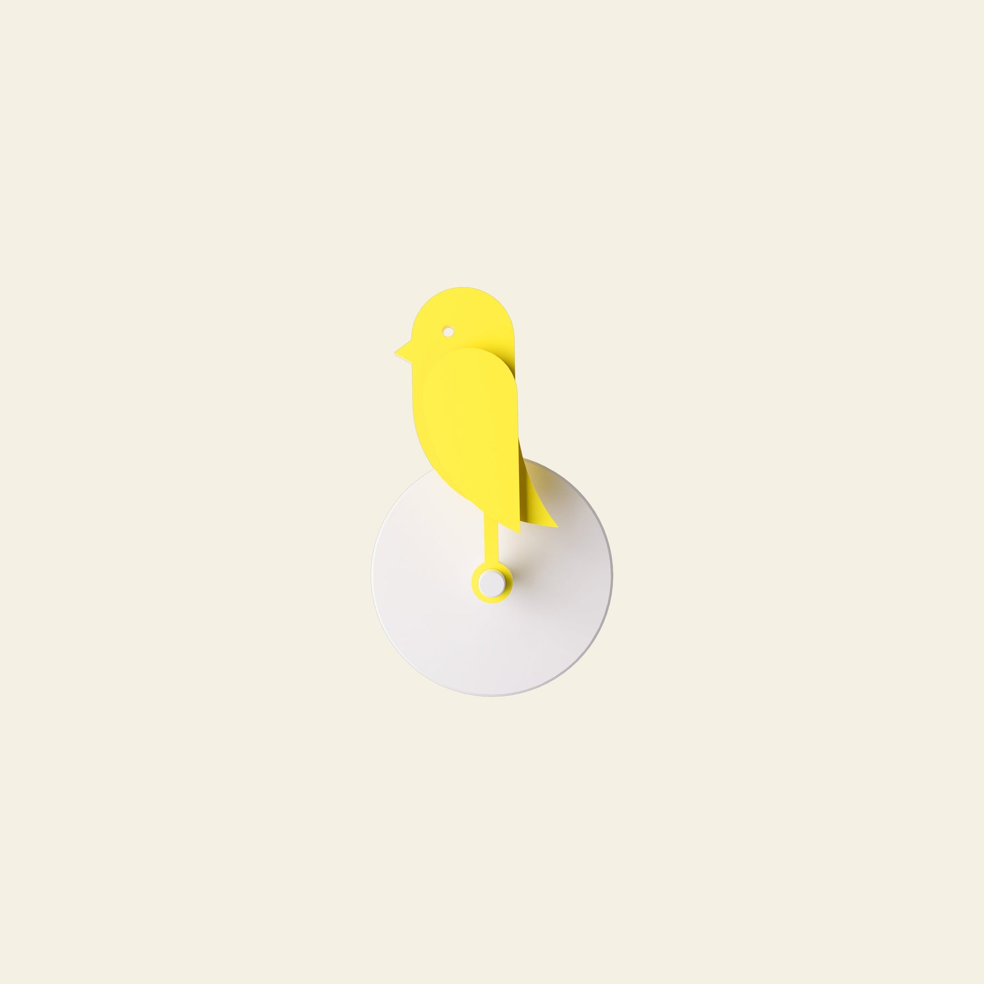 The Birdie Fresh Air Monitor by Birdie features a minimalist yellow bird figure on a round white base, set against a light beige background—an ideal accent for monitoring and showcasing indoor air quality in any space.