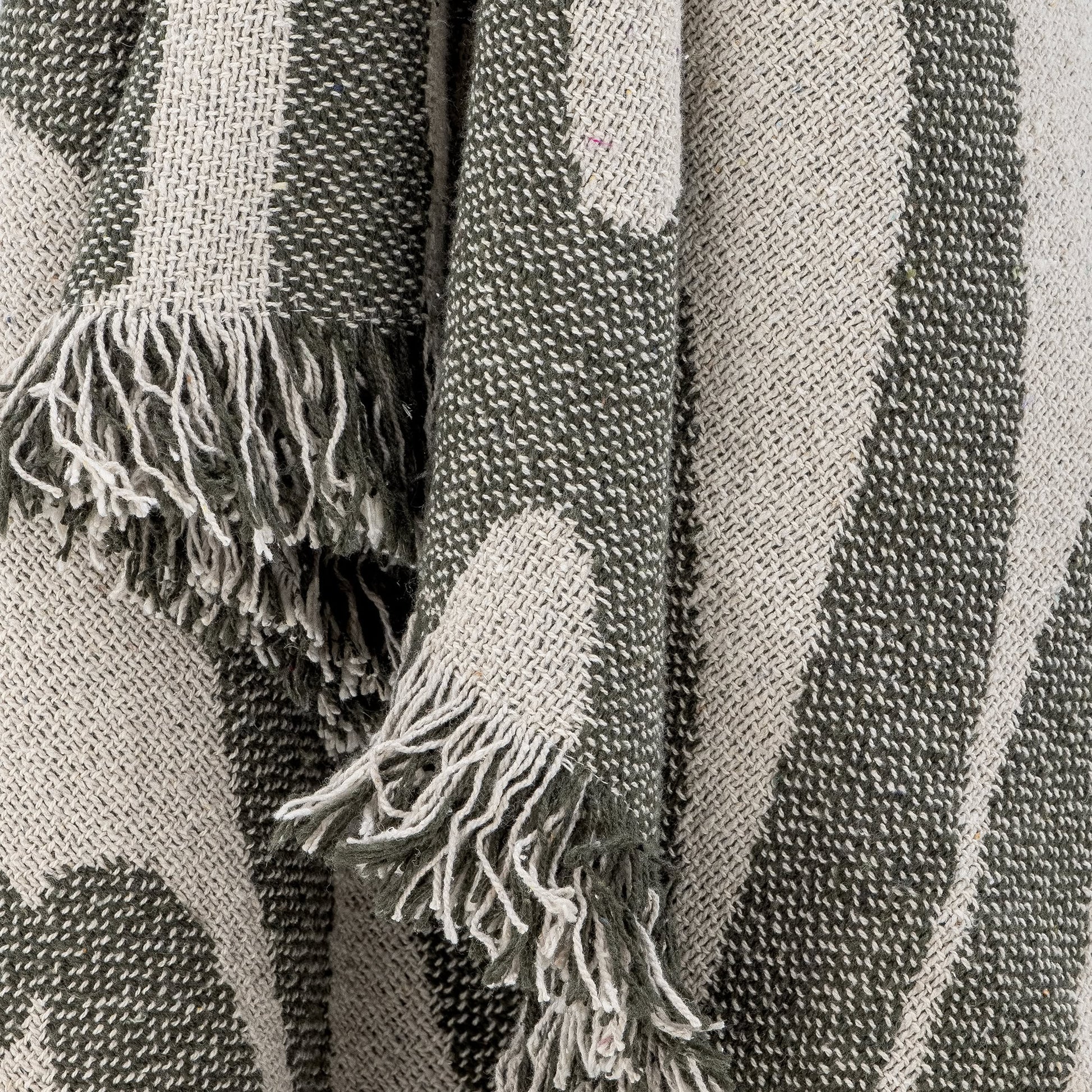 A close-up of the Bloomingville Alk Throw by Bloomingville, showcasing its minimalist woven pattern with fringed edges, featuring dark green and light gray stripes and curves in a versatile color palette.