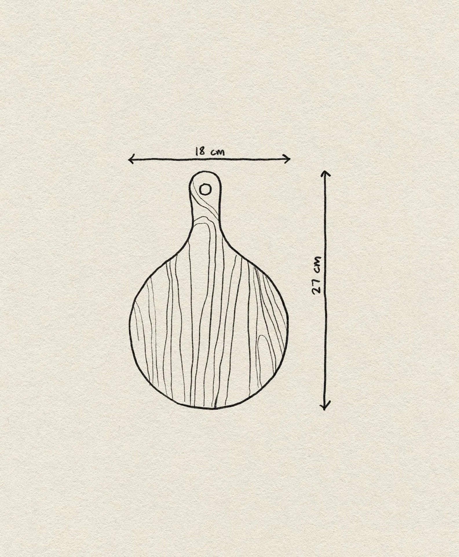 Line drawing of the Bloomingville Dana Cutting Board by Bloomingville, featuring round beech wood with a handle. Measures 18 cm wide by 27 cm long overall. Visible wood grain and a hole in the handle enhance its charm.