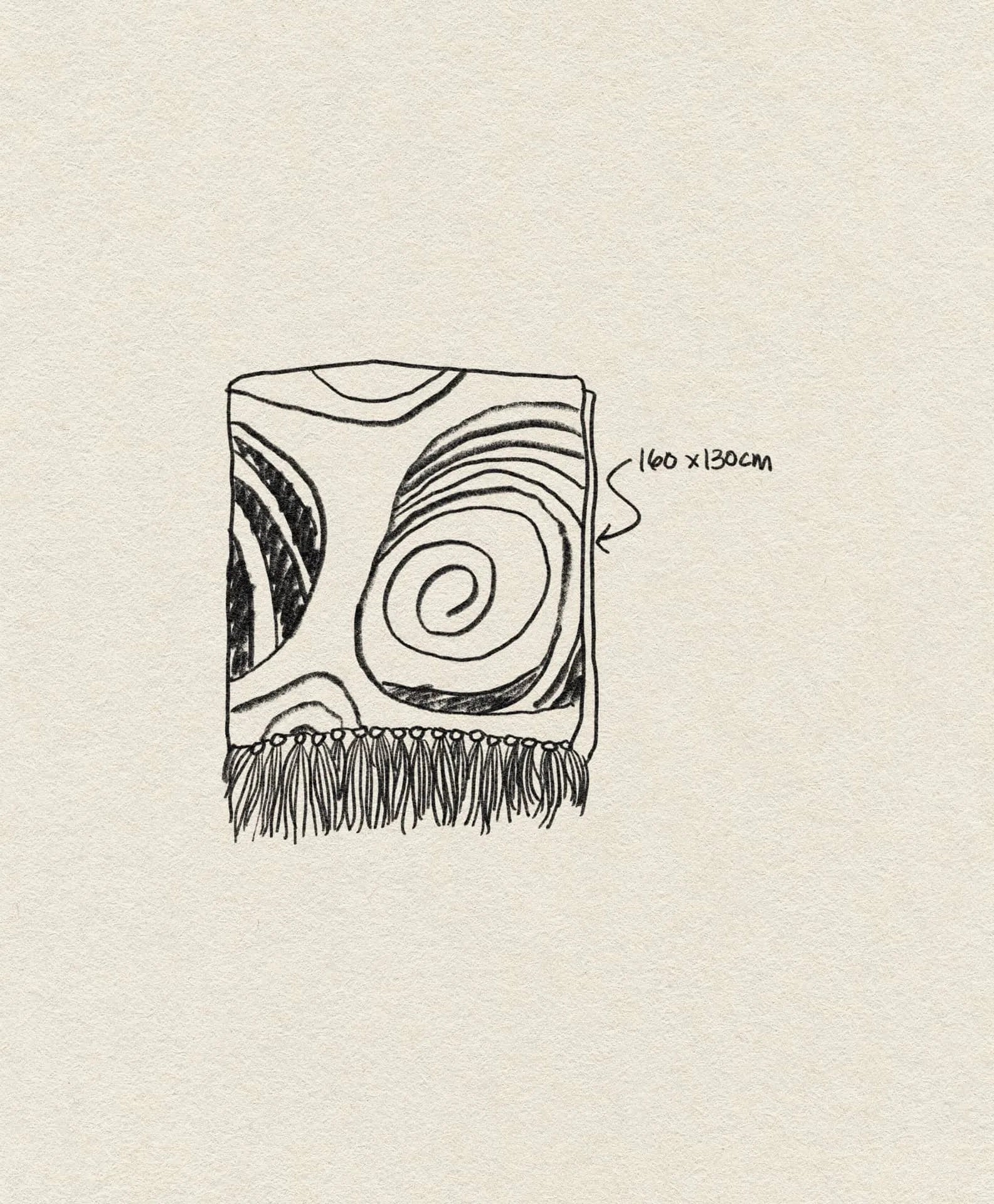 A hand-drawn sketch of the Bloomingville Giano Throw, a folded Bloomingville blanket with abstract swirls and fringed edges. Made from recycled cotton, it measures 160 x 130 cm and exudes cosy vibes.