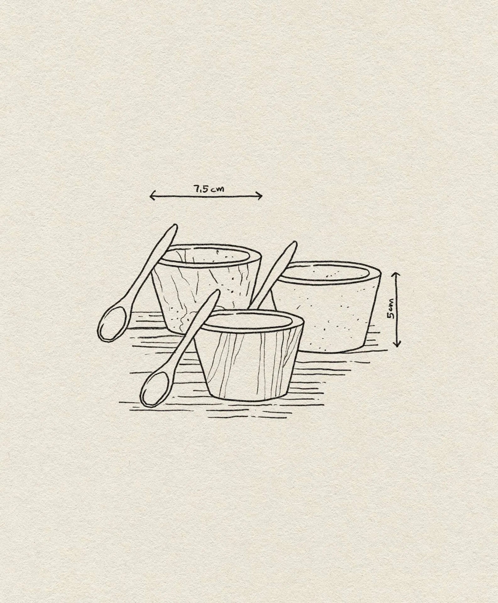 A minimal line drawing shows three small bowls with spoons, referencing the Bloomingville Rosamynthe Salt Jar w/Spoon. The front bowl has a woodgrain texture, and arrows note 7.5 cm width and 5 cm height on an off-white background.