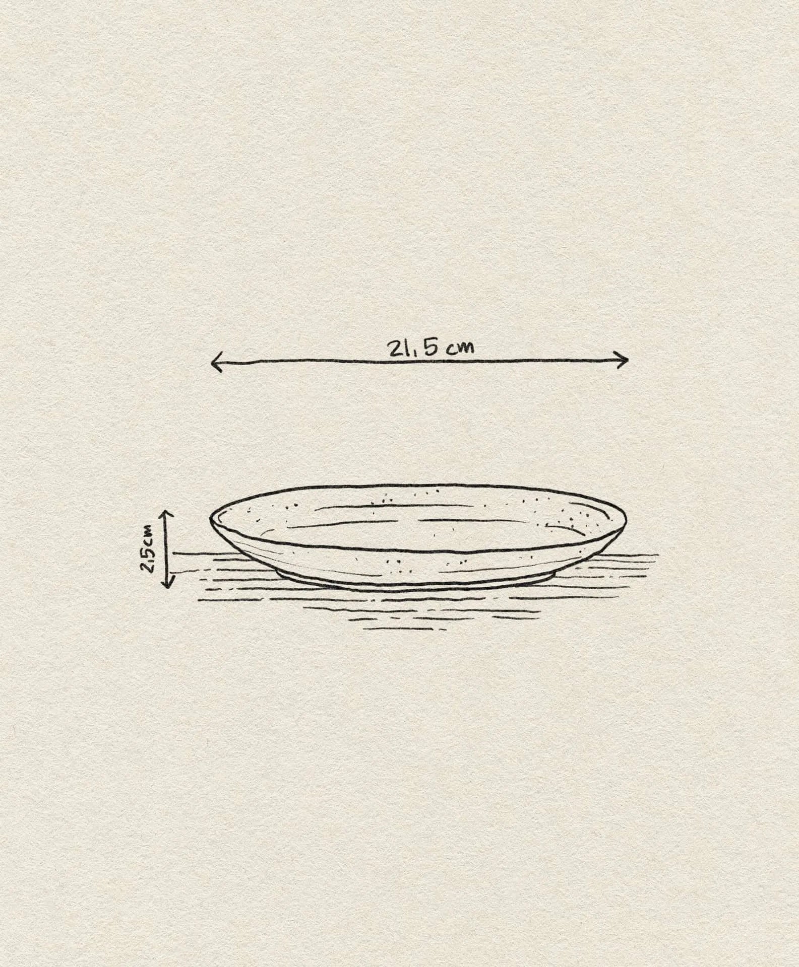 A simple sketch of the Bloomingville Taupe Plate by Bloomingville, showing dimensions—21.5 cm diameter and 2.5 cm height—with arrows and labels on a beige textured background.