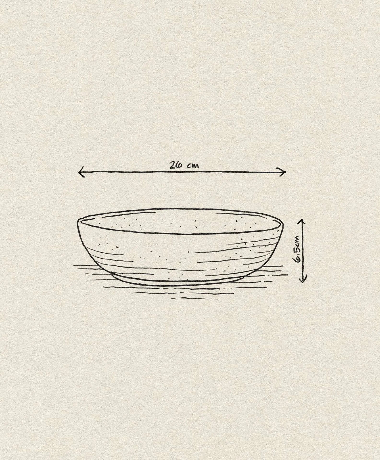 The Bloomingville Taupe Serving Bowl by Bloomingville features a simple line drawing on a textured beige background, highlighting its 26 cm diameter and 6.5 cm height—an elegant addition to any kitchen collection.
