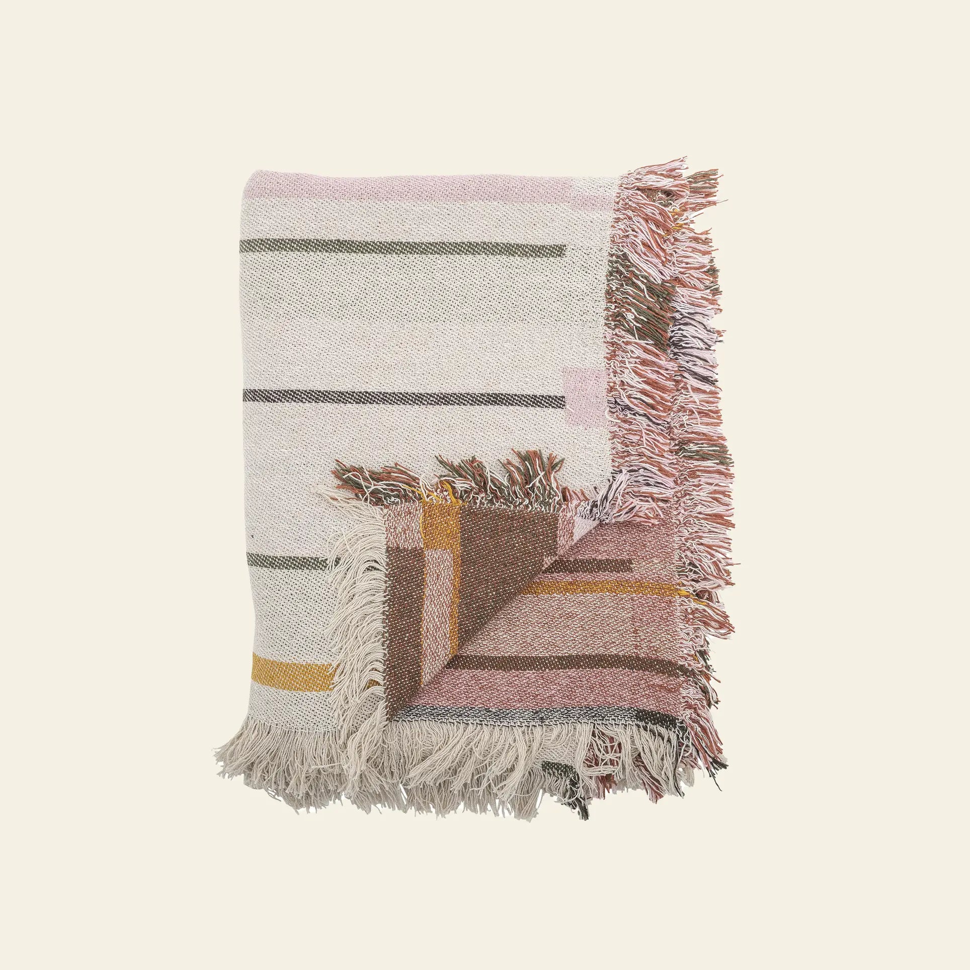 The Bloomingville Toscana Throw by Bloomingville is a folded woven blanket with decorative fringed edges, featuring horizontal and vertical stripes in muted pink, brown, mustard yellow, and green on a beige background.