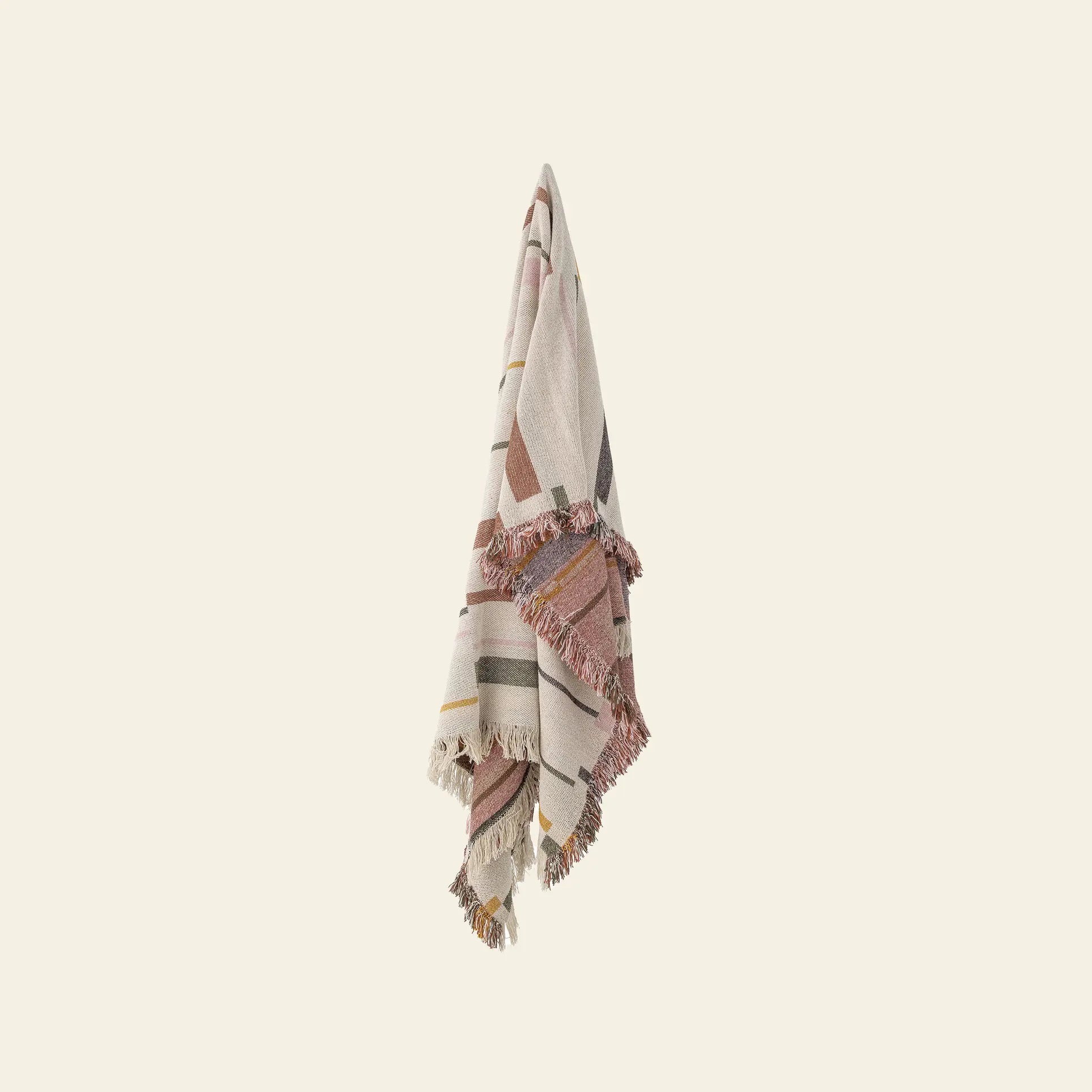 The Bloomingville Toscana Throw by Bloomingville, made from recycled cotton with a graphic pattern and fringed edges, is displayed against a plain light background.