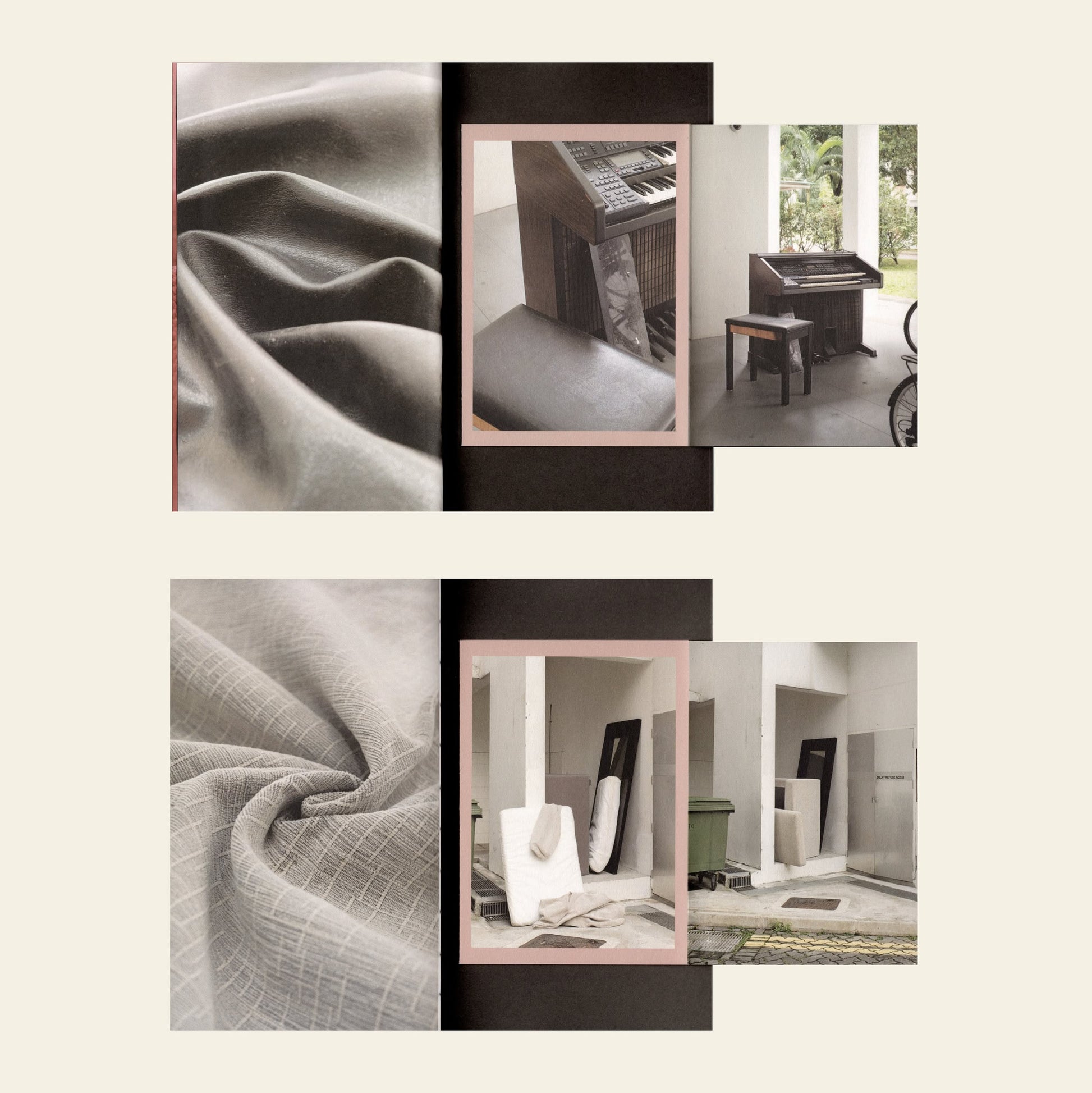 A collage for Bluetaped Refuse: A Dumpster Diving Craft Handbook by Wong Eng Geng (Bluetaped) showcases close-ups of rumpled gray fabric and upcycled furniture, like an organ and mattress, in minimalist spaces with neutral tones.