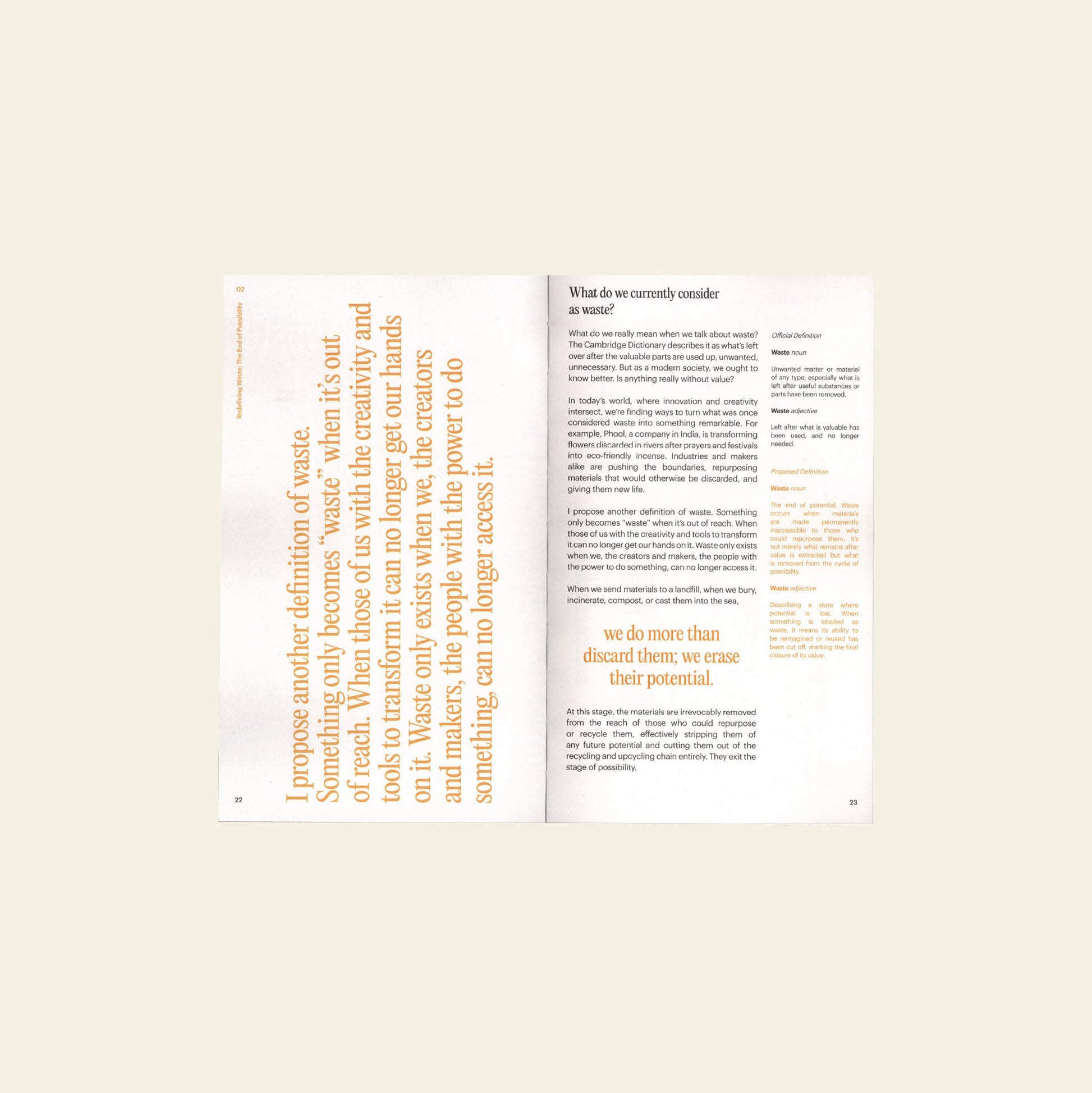 Bluetaped Refuse: A Dumpster Diving Craft Handbook by Wong Eng Geng from Bluetaped is open on a beige surface, displaying an orange upcycling quote on the left and black text with orange highlights in a clean, modern layout.