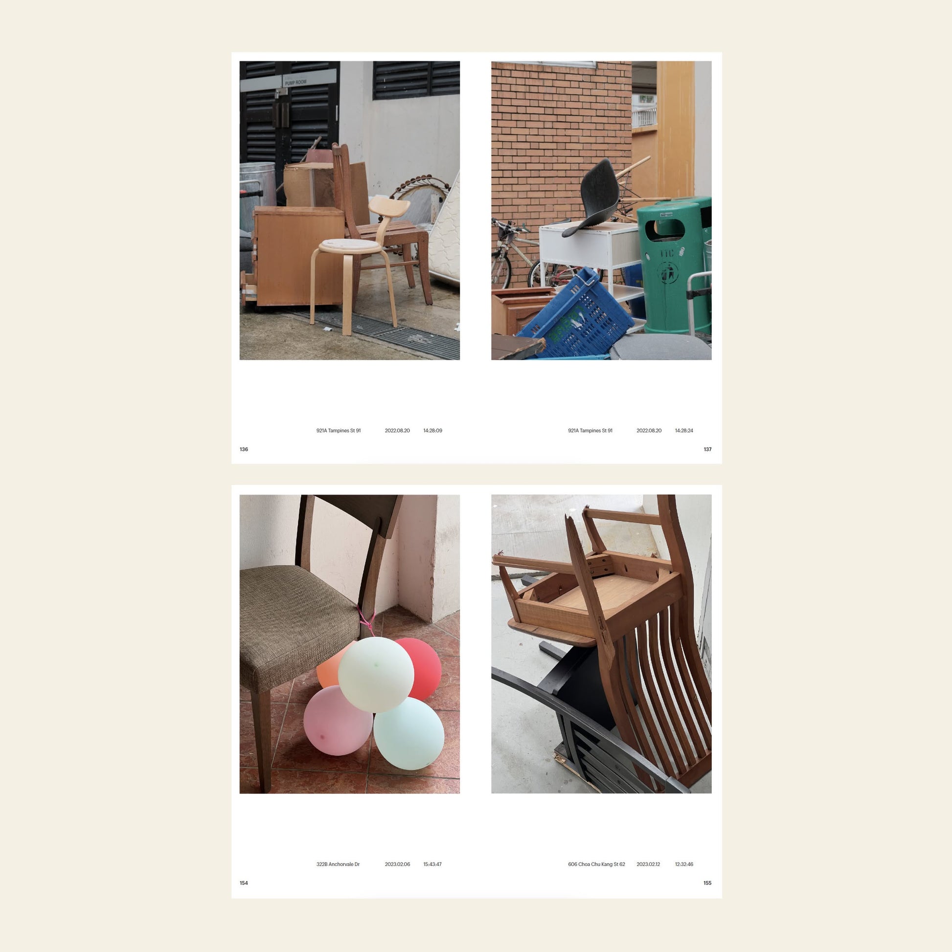 A collage of four photos from Bluetaped Refuse: A Dumpster Diving Craft Handbook by Wong Eng Geng (Bluetaped) shows abandoned furniture and desks outdoors, with dates and locations captioned below. One photo has balloons tied to a chair.