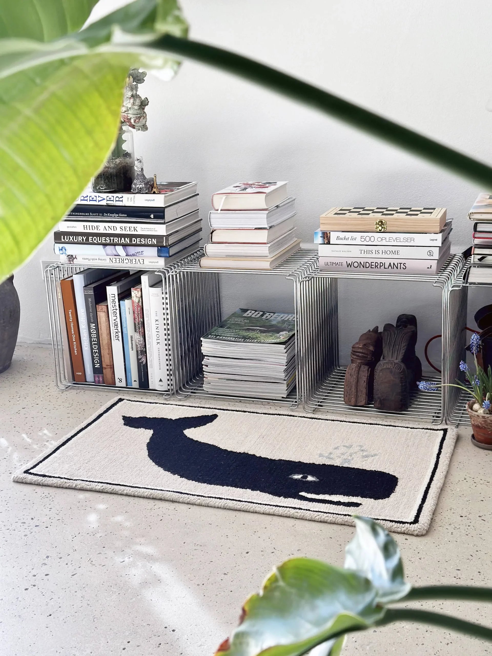 A bright, modern room features the Bongusta Frame Rug with a whale design, wire cube shelves displaying books and shoes, and a large green leaf. This artistic setup from Bongusta offers a creative twist on traditional decor.