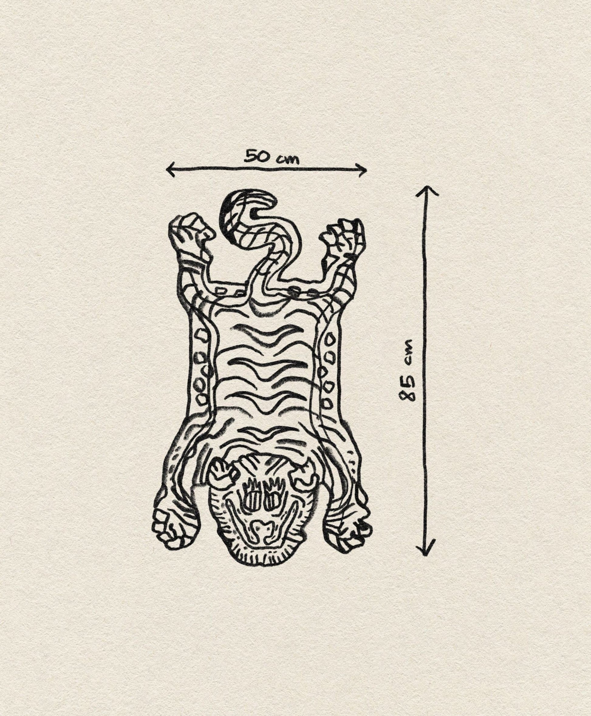 Line drawing of the Bongusta Tiger Rug, Baby by Bongusta, with dimensions 50 cm wide x 85 cm long on a textured beige background—a bold decor accent for jungle-themed spaces.