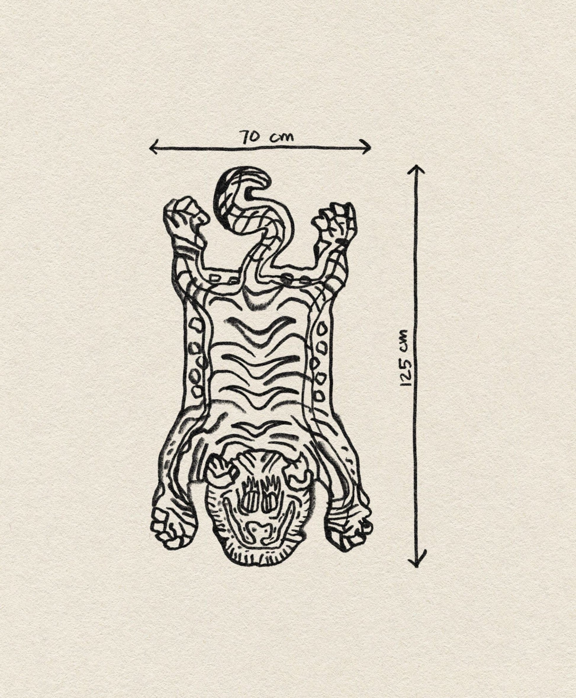 A black line drawing of the Bongusta Tiger Rug, Small by Bongusta, shows its tiger design with head and legs on a beige background. Labeled dimensions: 70 cm wide x 125 cm long—ideal as a decorative rug.
