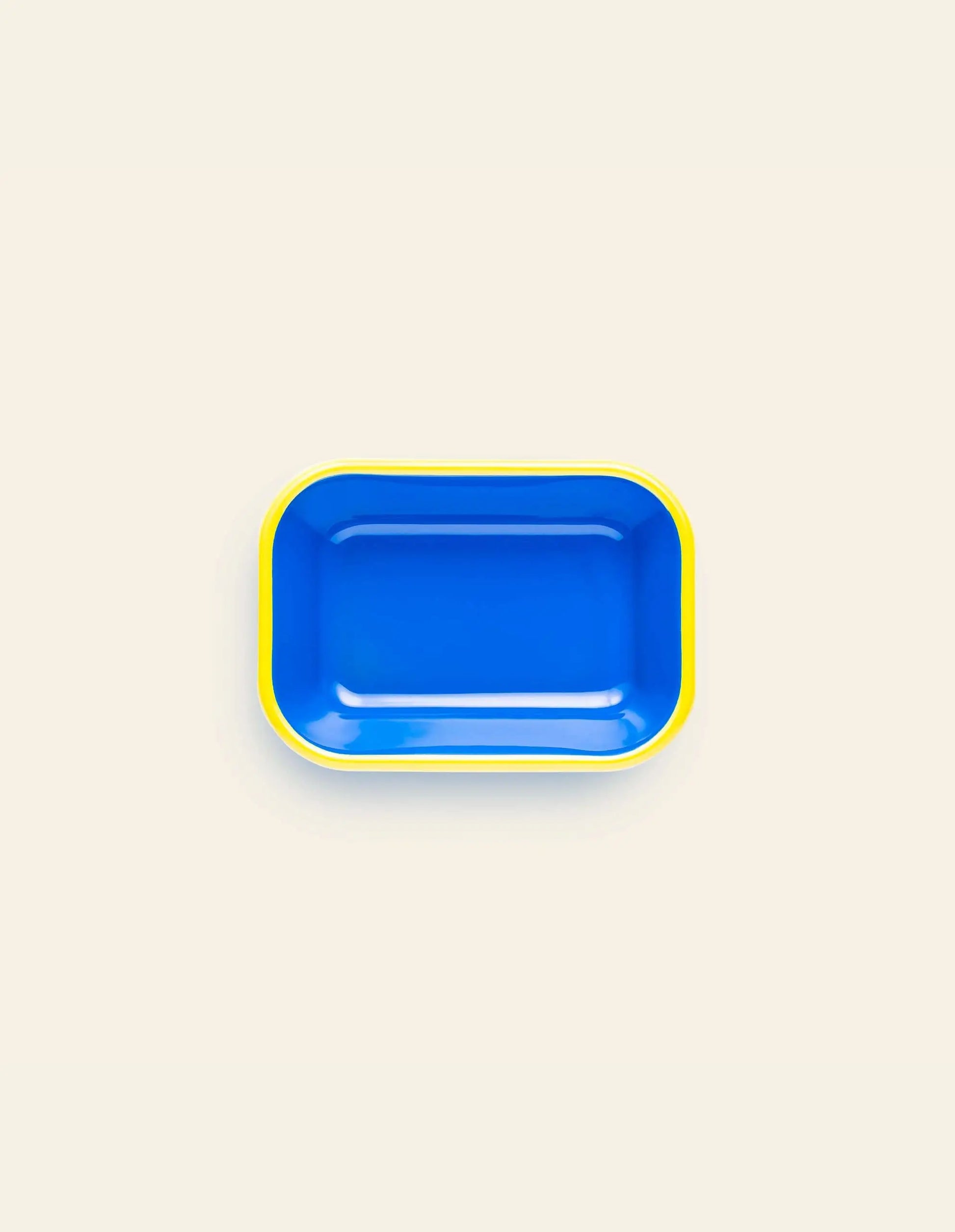 A small Bornn Enamelware Colorama baking dish with a rectangular blue enamel finish, rounded corners, and a yellow rim is shown on a plain off-white background.