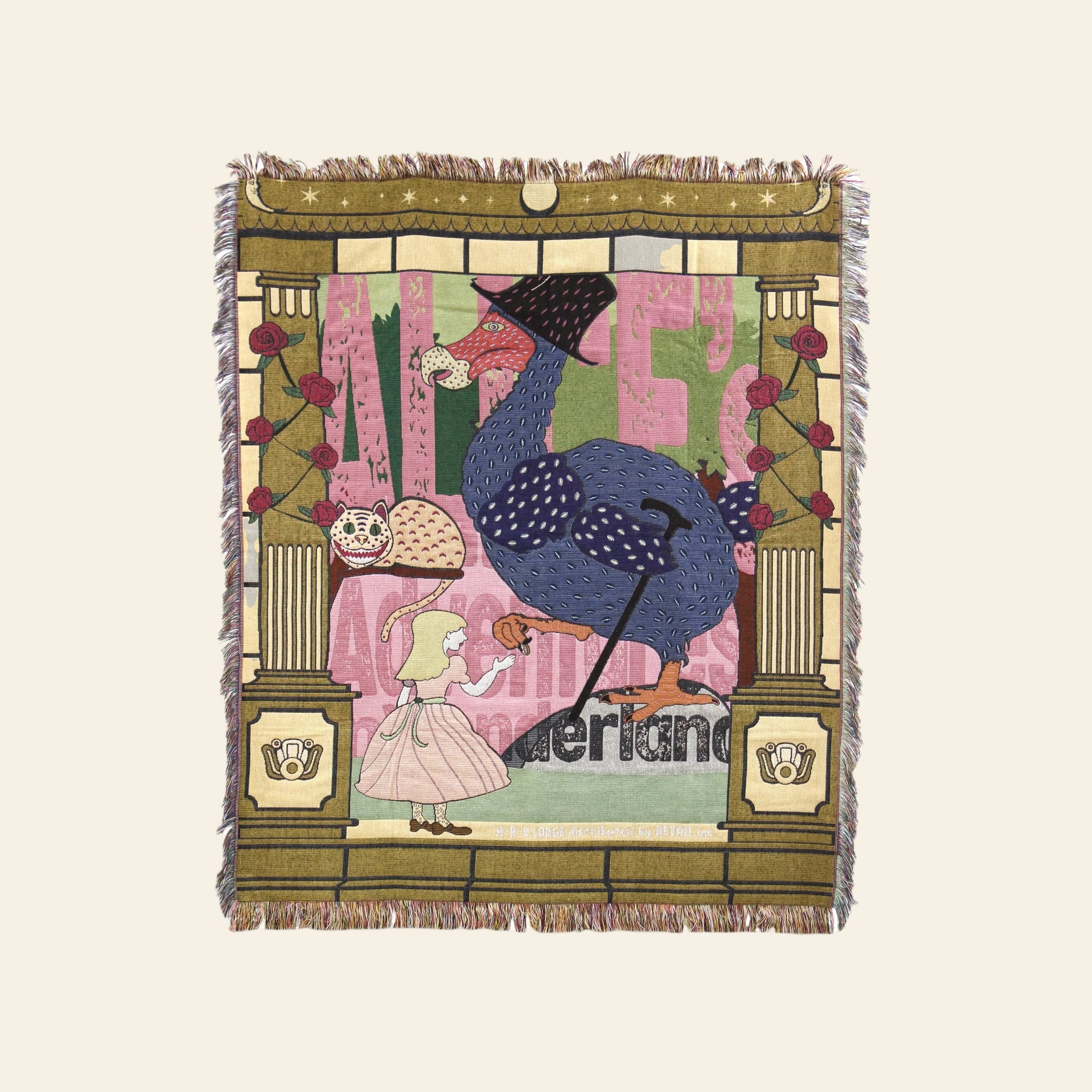 The DETAIL Dodo Oax Throwket by DETAIL is a woven tapestry featuring an Alice in Wonderland motif, with Alice facing a large blue bird in a top hat, framed by roses and columns—a whimsical folk art throw blanket.