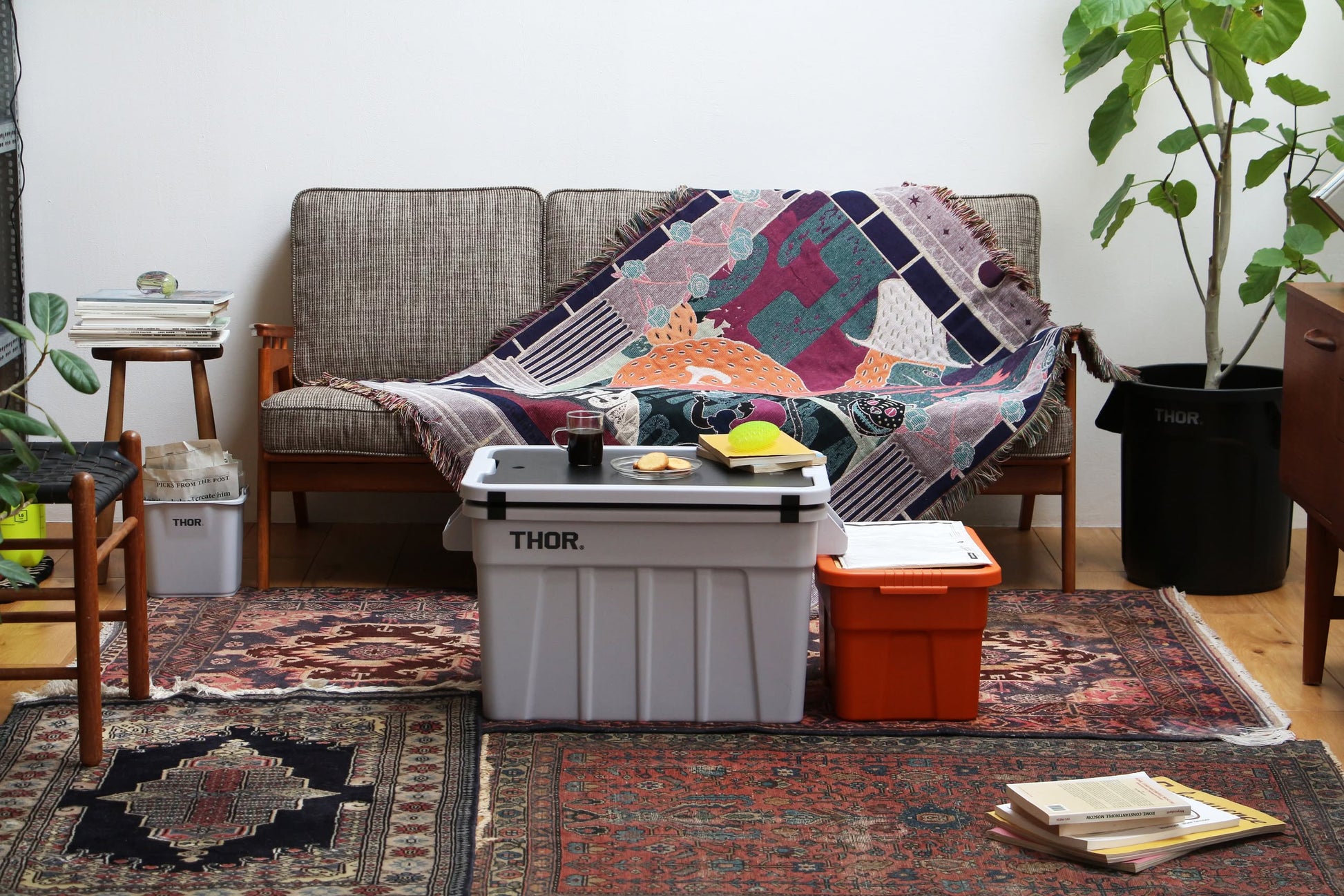 A cozy living room features a patterned rug, a sofa with the DETAIL Dodo Oax Throwket by DETAIL, and storage bins serving as a table for drinks, fruit, and books; plants and books are scattered throughout the space.