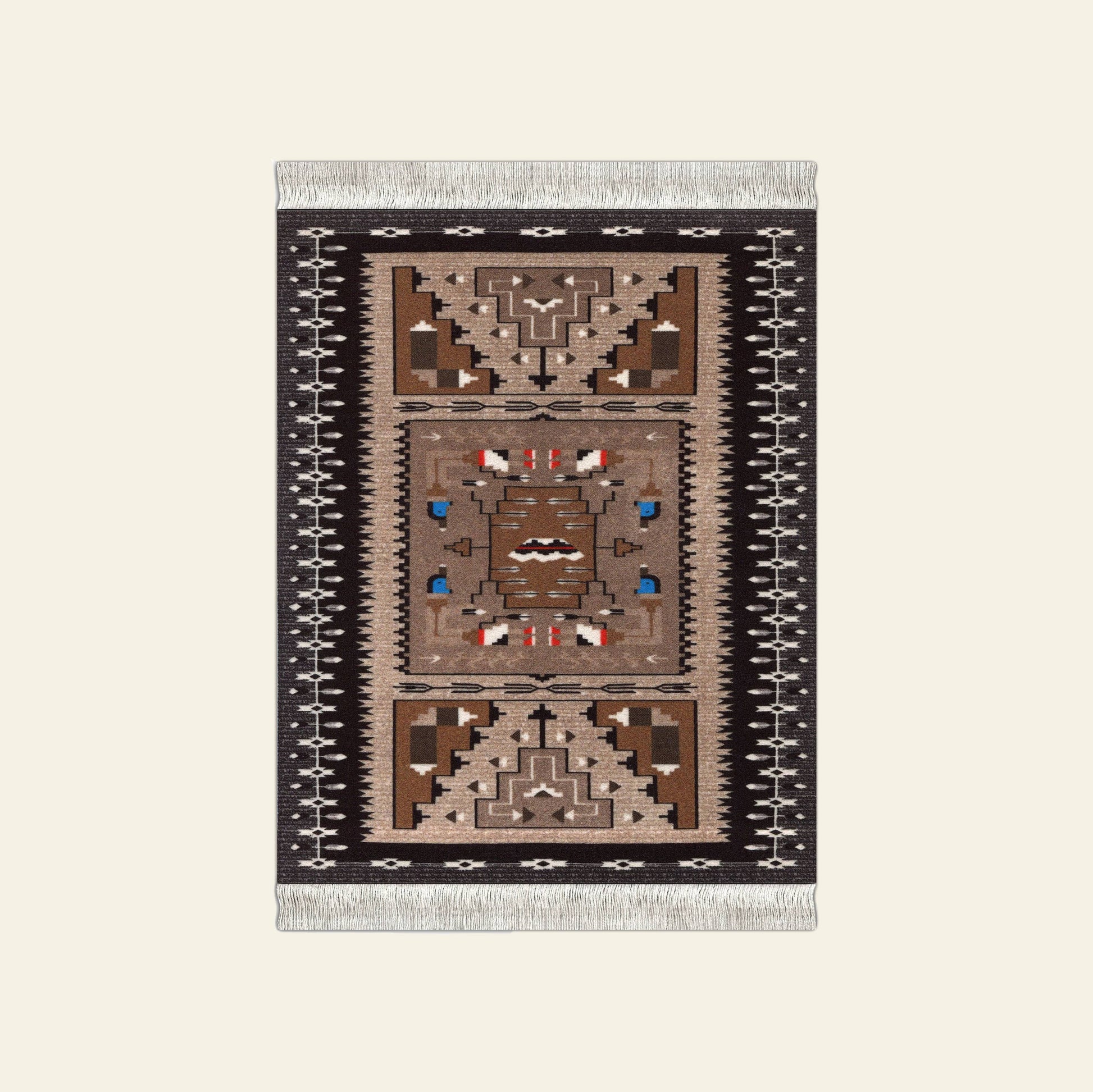 The DETAIL Mouse Rug Bessie Barber by DETAIL features a Burnham Style geometric pattern inspired by Navajo weaving, with fringe on the short edges, a central symmetrical motif of angular designs, and accented borders.