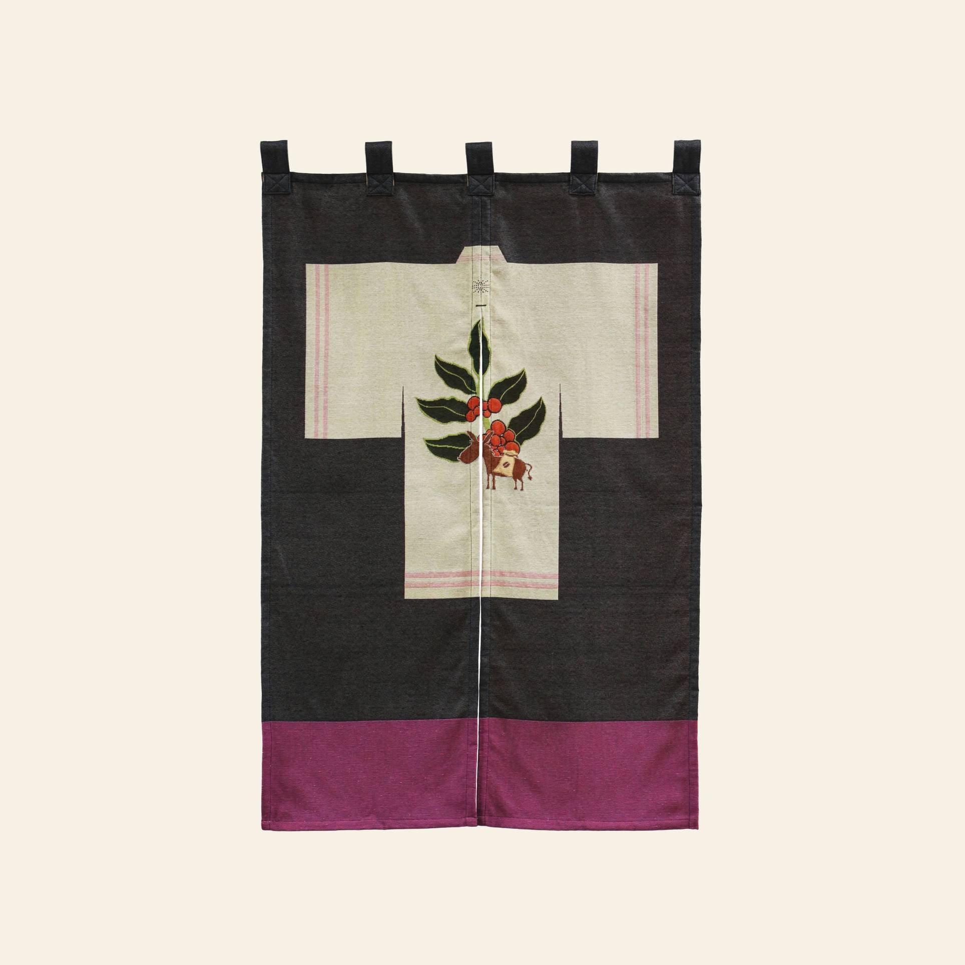 The DETAIL Noren Curtain by DETAIL is a kimono-shaped textile wall hanging with a black and purple border, featuring a cream center panel adorned with plant motifs—a delicate branch of leaves and red berries inspired by classic kimono designs.