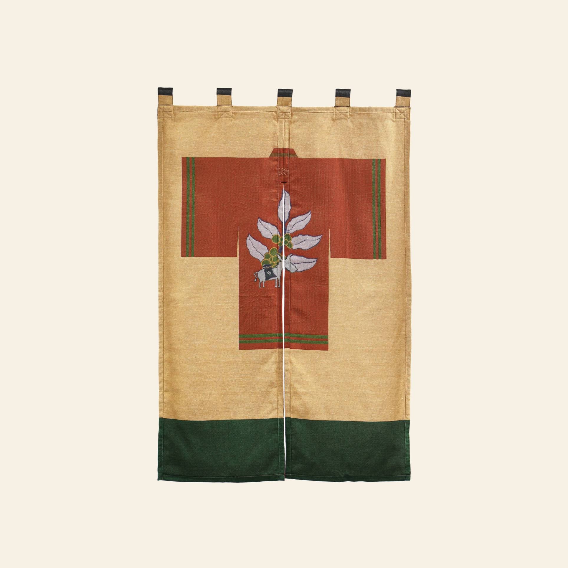 The DETAIL Noren Curtain by DETAIL features a traditional kimono pattern—a red garment with white floral center on a yellow background and green trim—blending classic style with plant-inspired design elements.